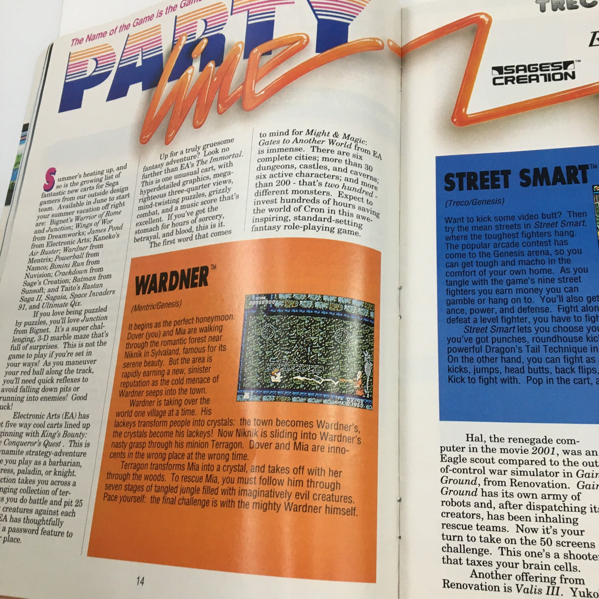 Article titled 'Party Line' in SEGA Visions Magazine Summer 1991 featuring game previews including Wardner and Street Smart, with engaging visuals and descriptions.