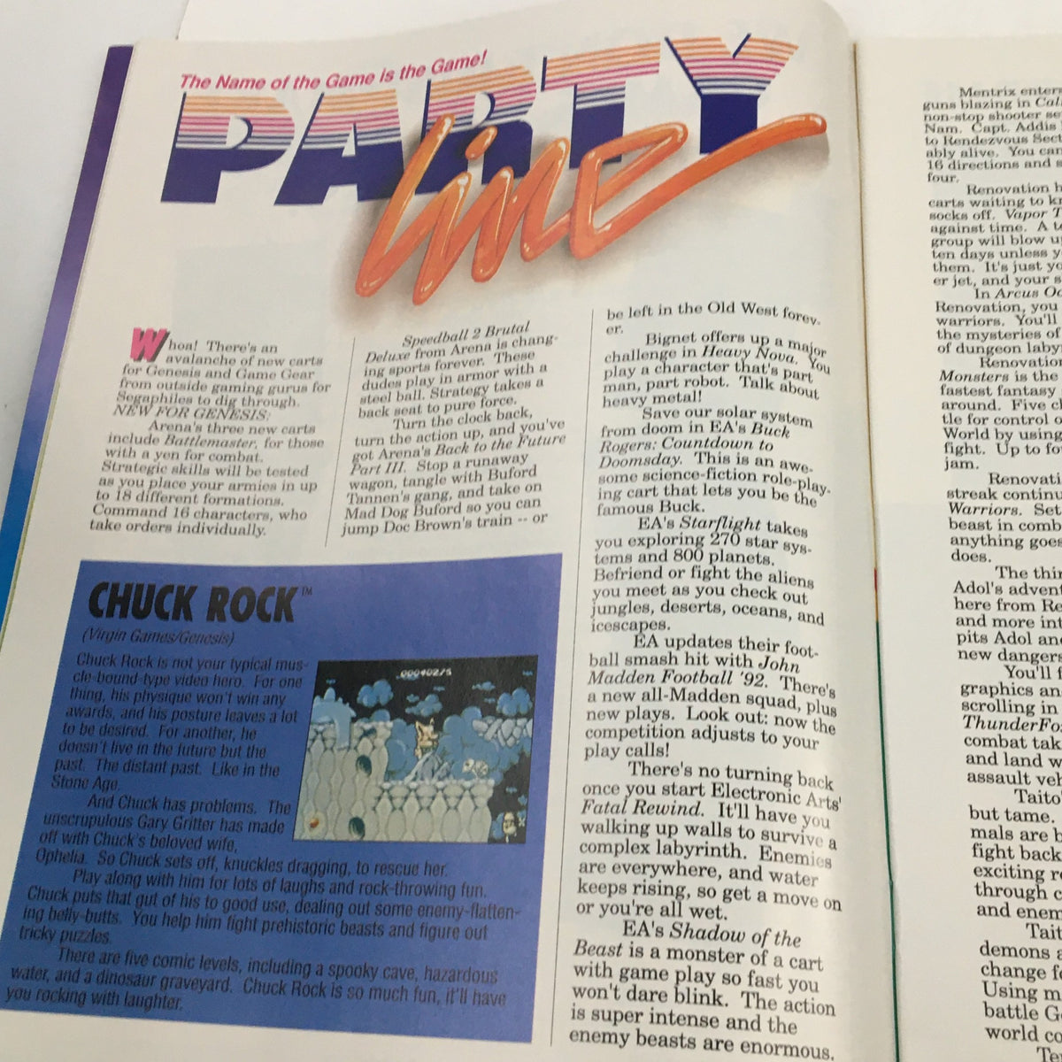 Page titled 'Party Line' from SEGA Visions Magazine Winter 1991, discussing upcoming video game releases and highlights.