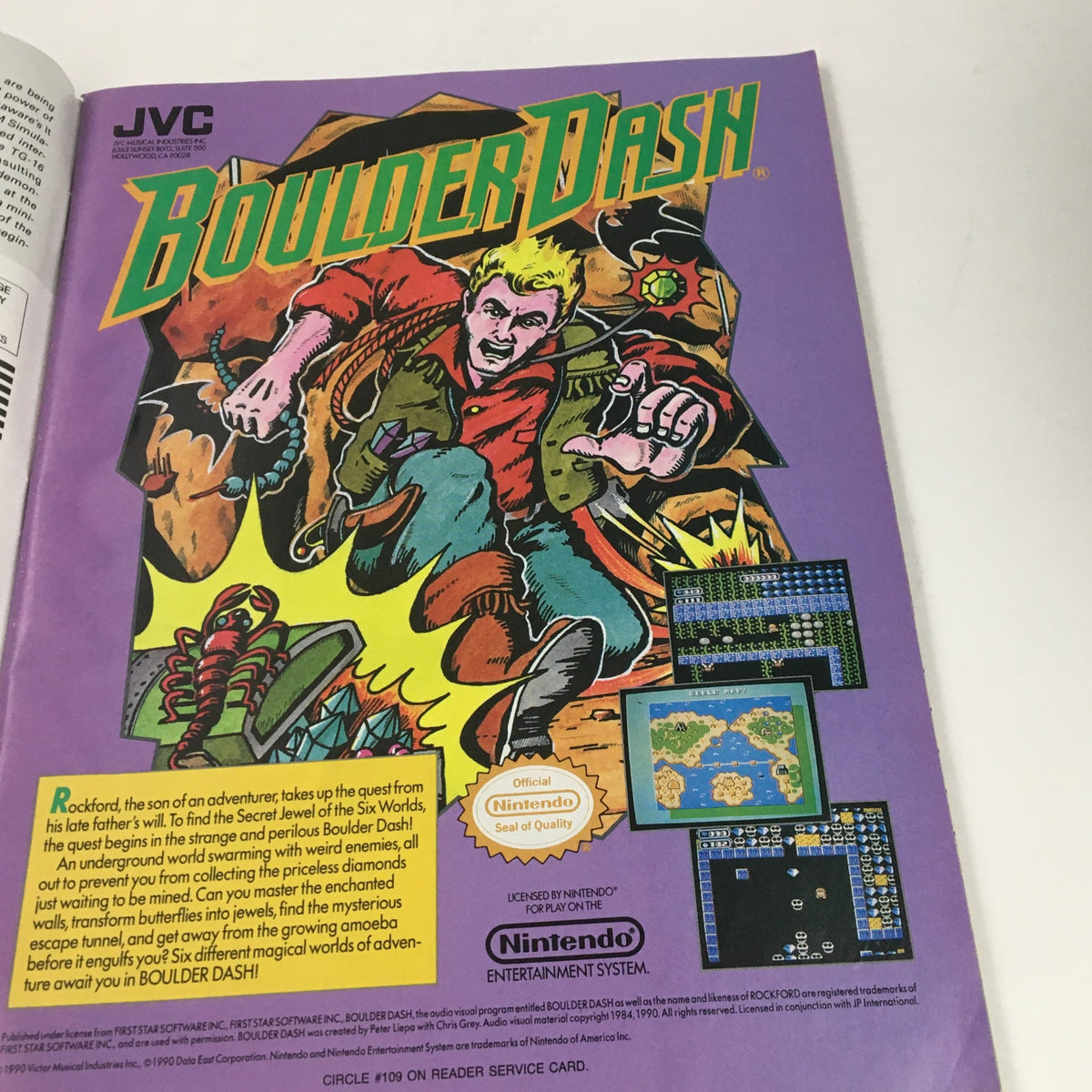 Advertisement for Boulder Dash in Video Games & Computer Entertainment Magazine September 1990, highlighting gameplay and graphics.