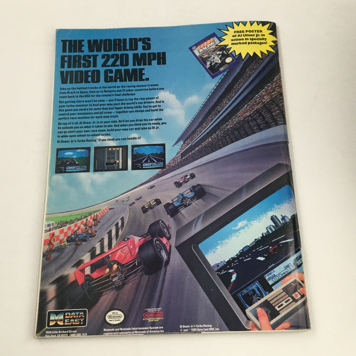 Back cover of Video Games & Computer Entertainment Magazine September 1990 featuring the advertisement for 'AI Unser Jr.'s Turbo Racing', highlighting its features as the world's first 220 MPH video game, with game illustrations and promotional details.