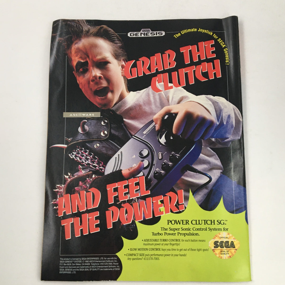 Sega Visions Magazine November 1992 advertisement for Power Clutch joystick featuring an excited child.