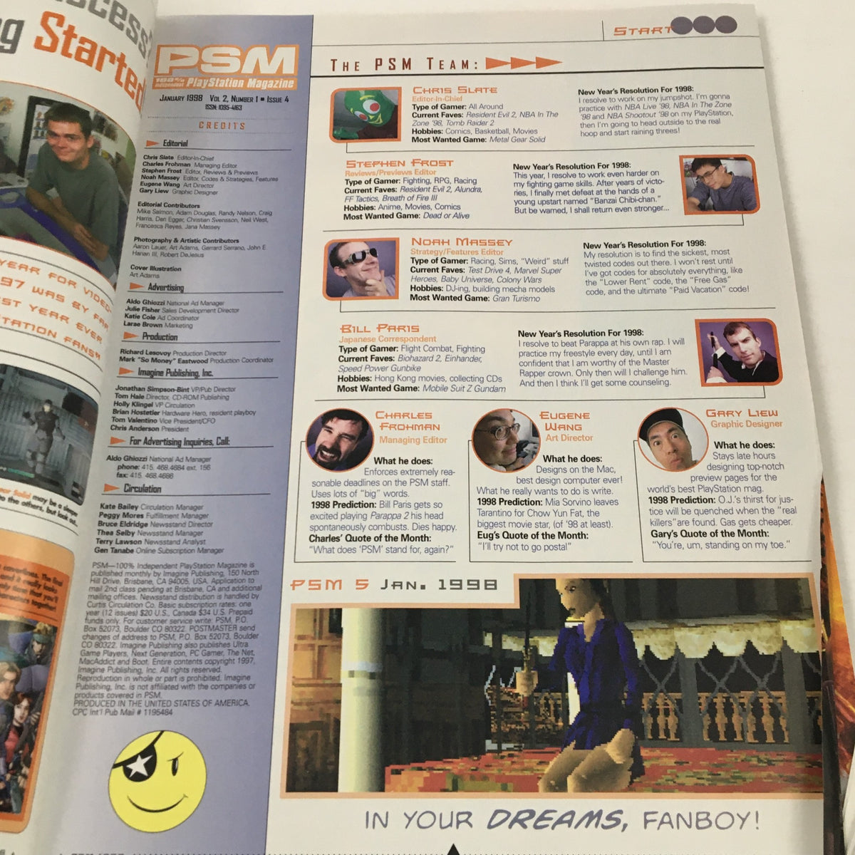 Inside spread of PlayStation Magazine January 1998 Vol 2 #1, showcasing editorial credits and team members, along with gaming-related commentary from the magazine staff.