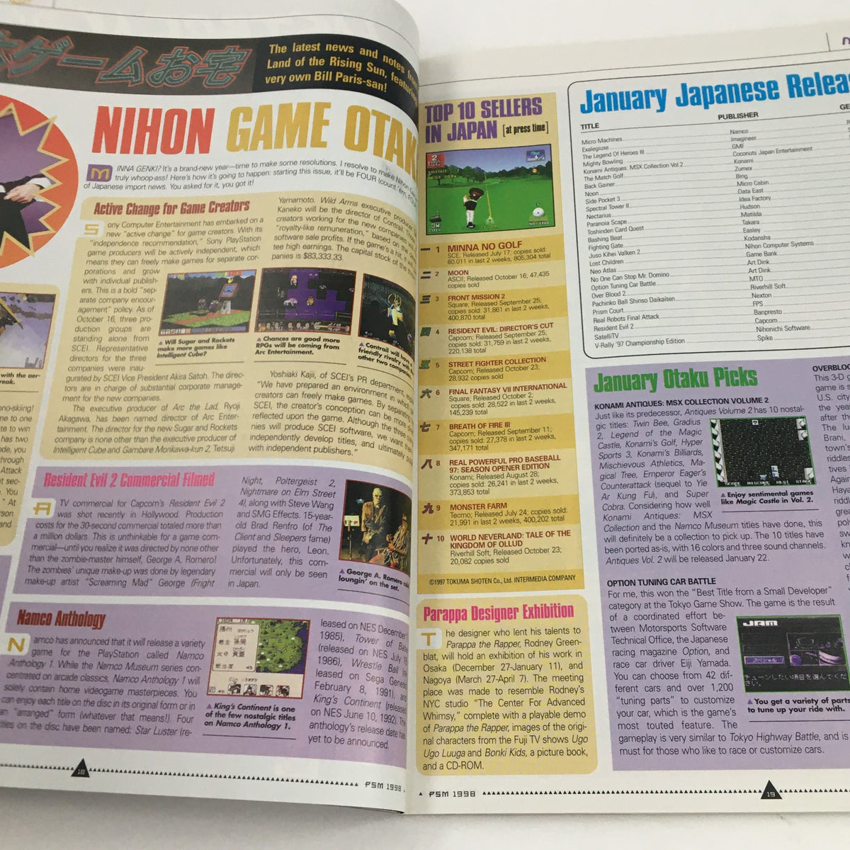 PlayStation Magazine January 1998 Vol 2 #1 featuring article on Japanese game trends, including active changes for game creators and top selling titles in Japan.