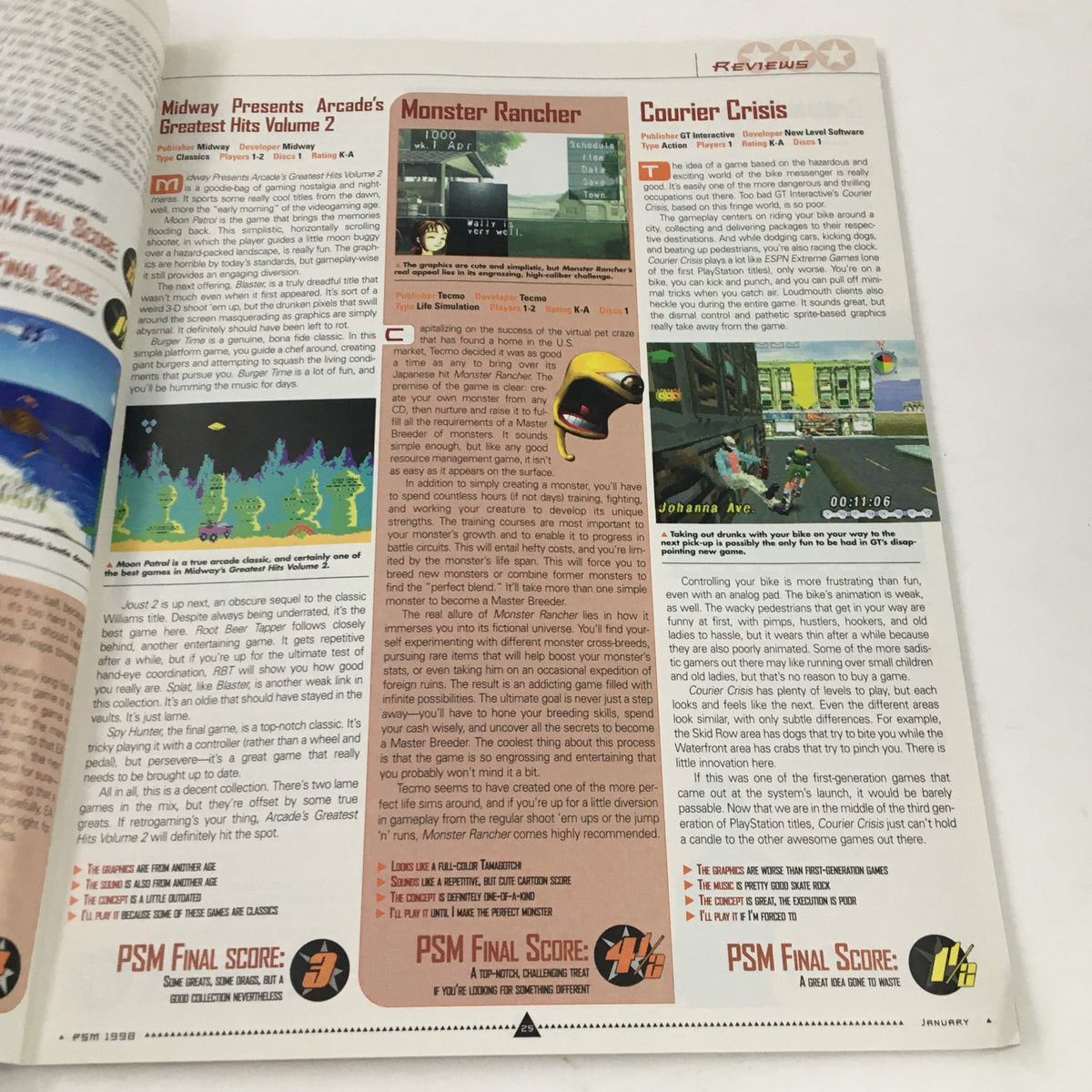 PlayStation Magazine January 1998 Vol 2 #1 showcasing reviews of Midway Presents Arcade's Greatest Hits Volume 2 and Monster Rancher.