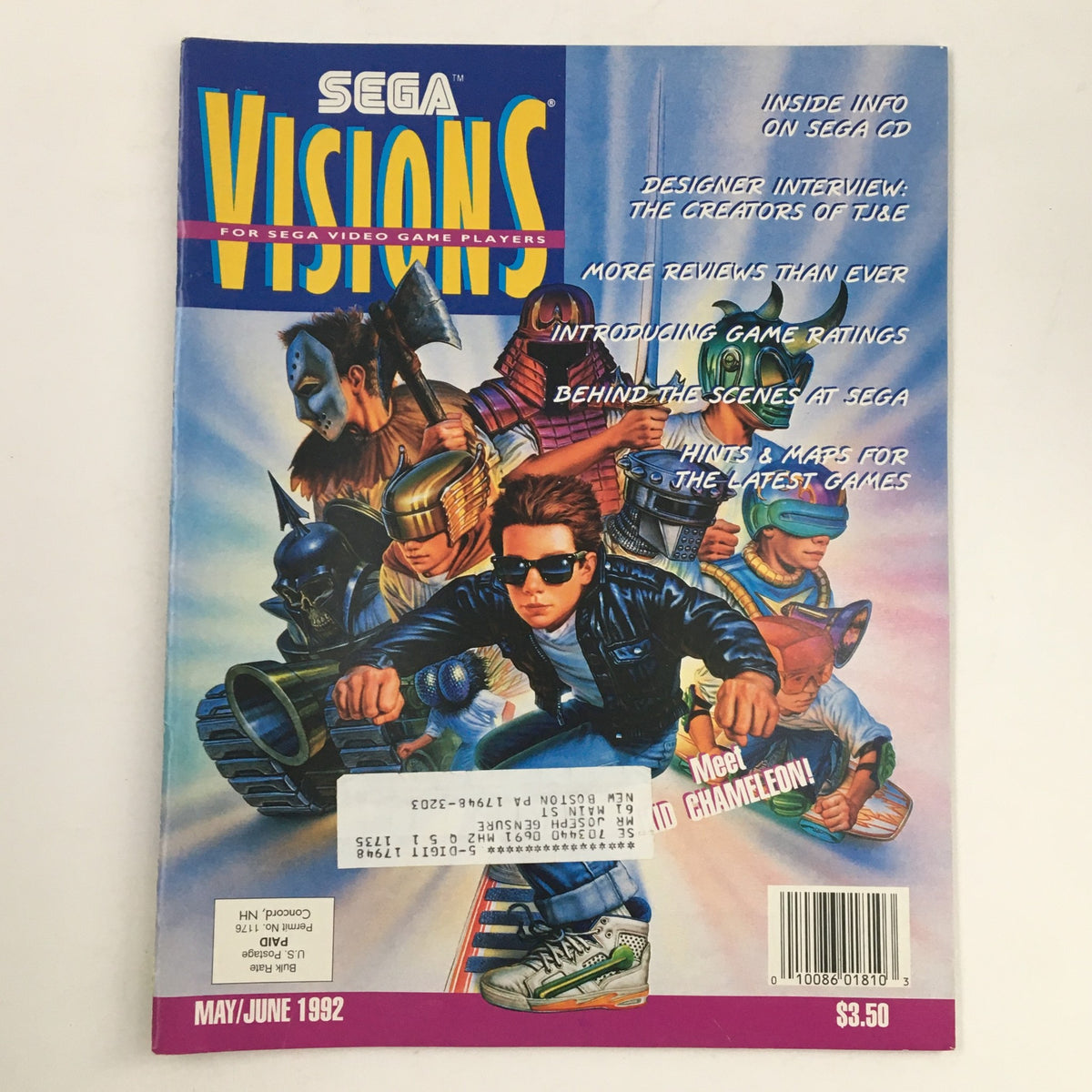 Cover of Sega Visions Magazine May 1992 featuring 'Kid Chameleon' and highlights of game reviews and interviews, showcasing 90s gaming culture.