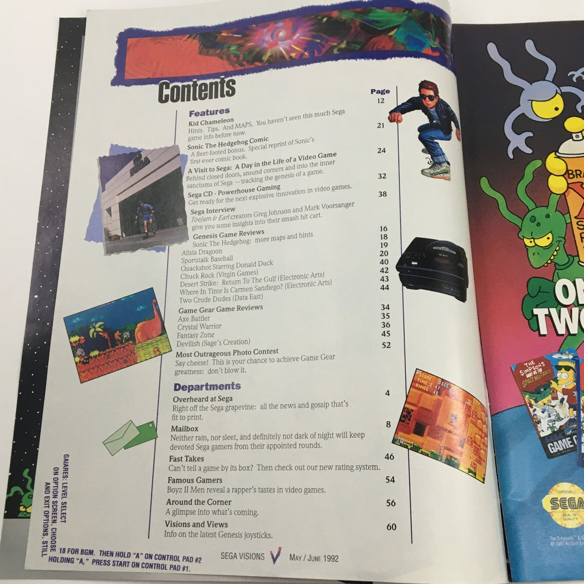 Contents page of Sega Visions Magazine May 1992 detailing articles and features including 'Kid Chameleon,' game reviews, and behind-the-scenes insights.