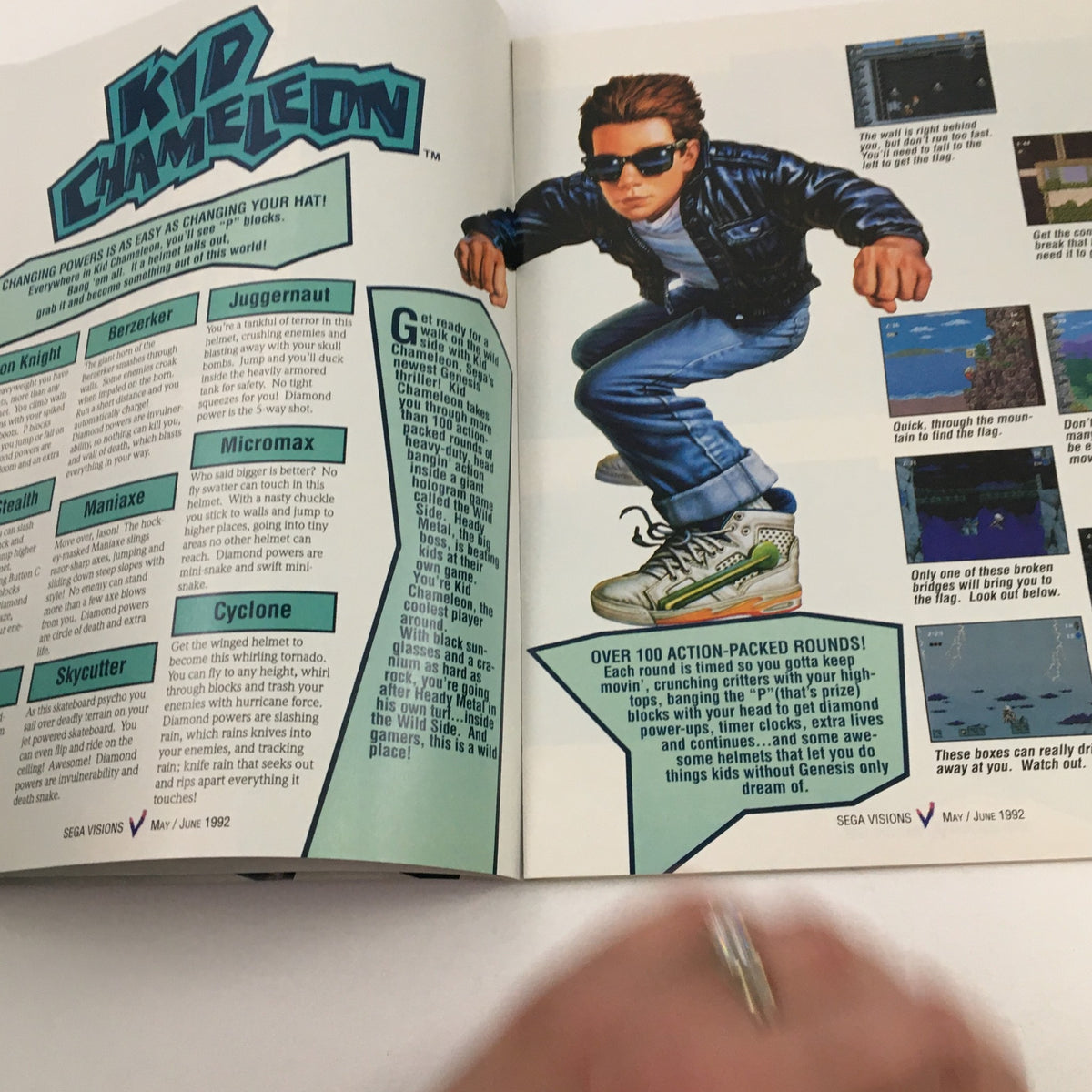Article page from Sega Visions Magazine May 1992 featuring content on the video game Kid Chameleon, highlighting its gameplay and characters.