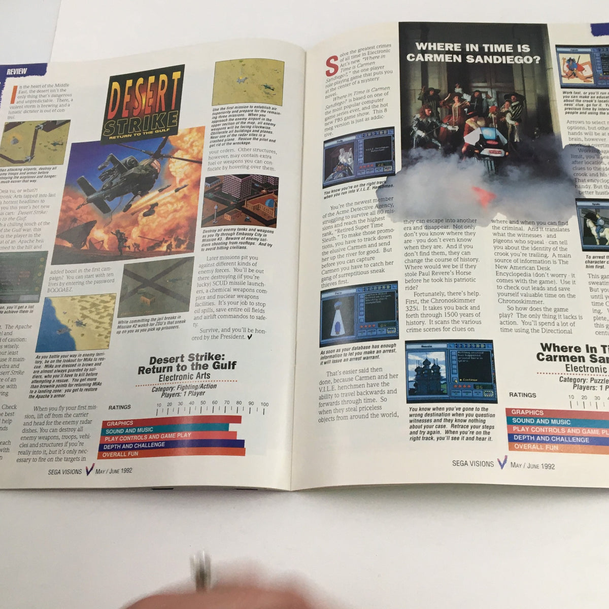 Review article in Sega Visions Magazine May 1992 covering Desert Strike: Return to the Gulf and Where in Time is Carmen Sandiego, highlighting ratings and gameplay details.
