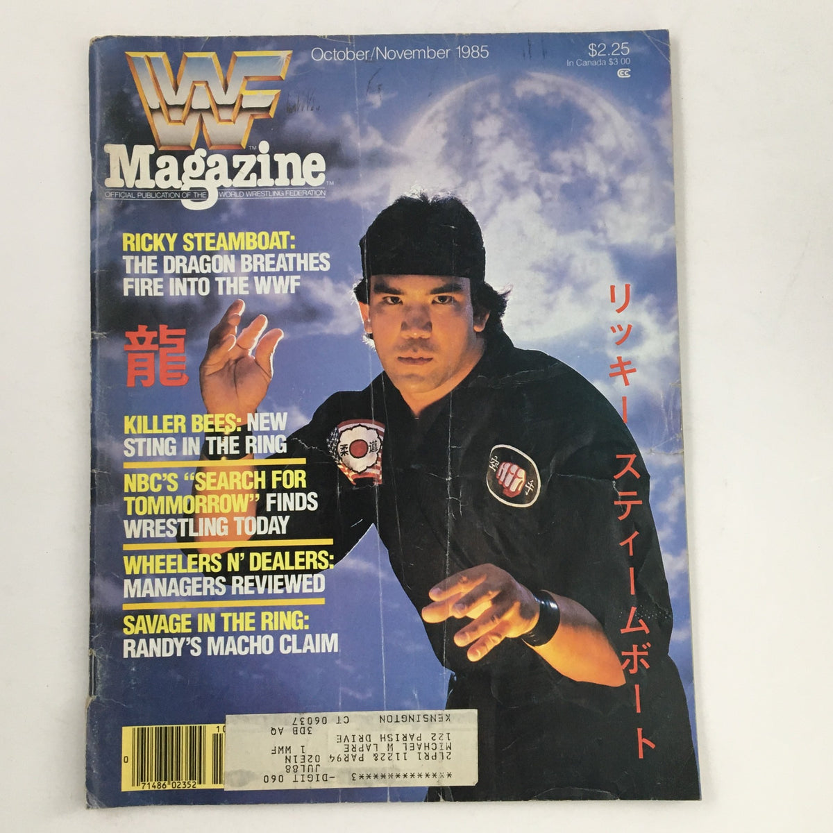 Cover of WWF Magazine from October 1985 featuring Ricky Steamboat, highlighted as 'The Dragon Breathing Fire into the WWF', showcasing wrestling nostalgia with promotional details and vibrant visuals.
