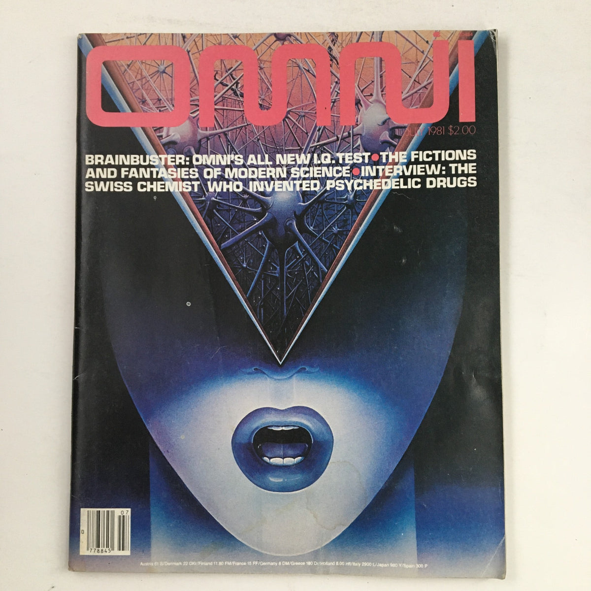 Cover of Omni Magazine July 1981 showcasing the title and themes of brainbusters, fictions, and fantasies, featuring a striking sci-fi illustration.