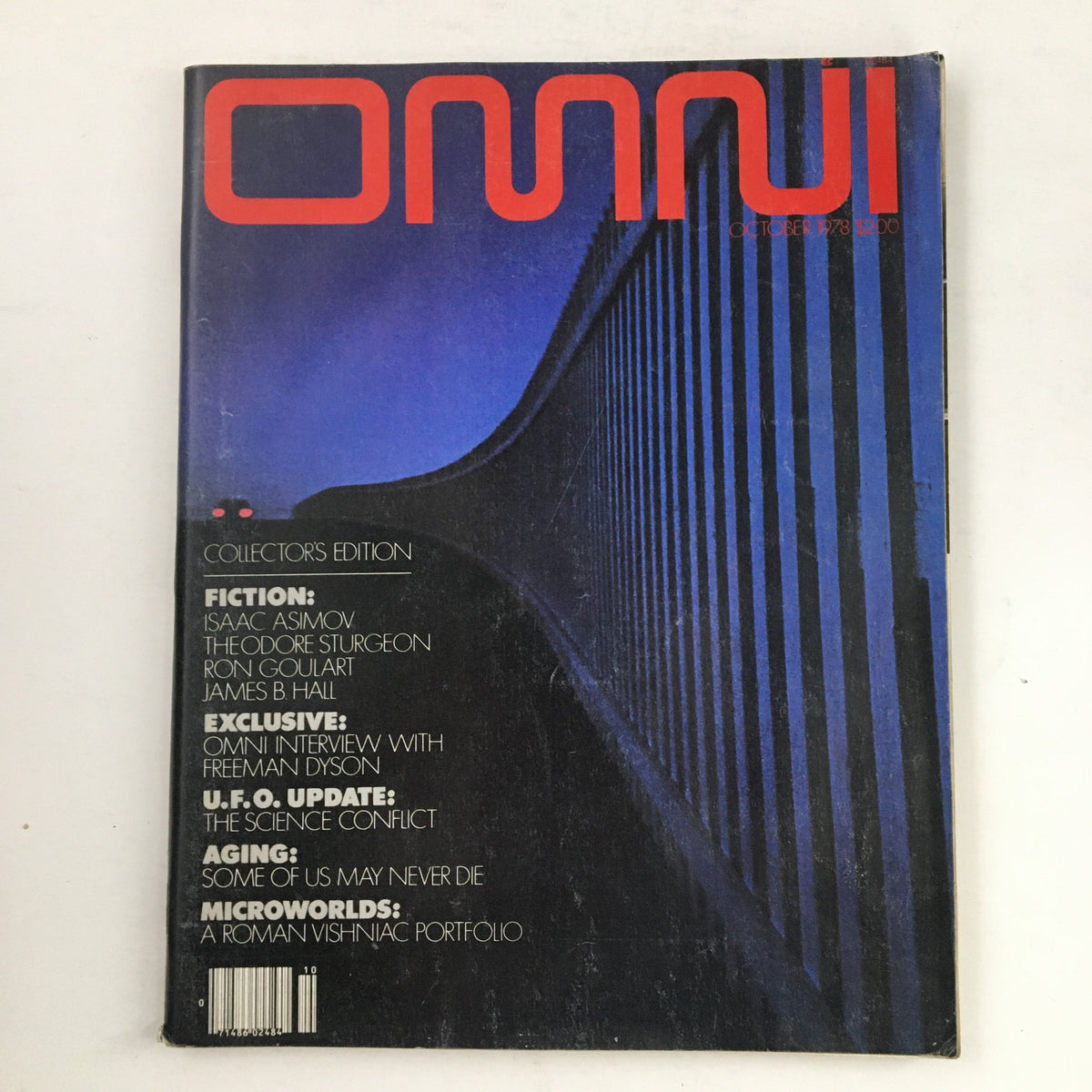Cover of Omni Magazine October 1978 featuring fiction by Isaac Asimov and Theodore Sturgeon. The design showcases a distinctive blue background and bold red title, emphasizing its status as a collectible edition.