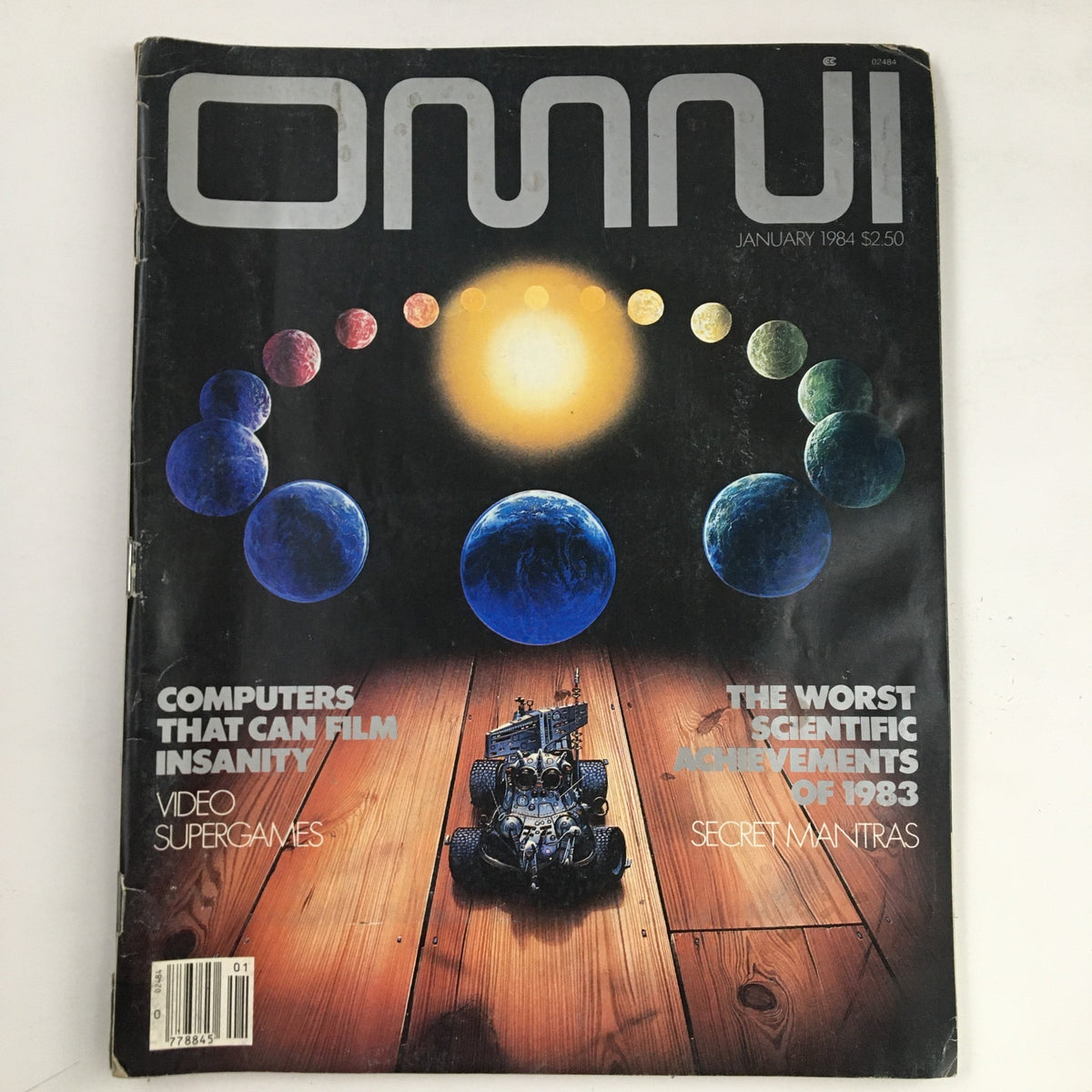 Cover of Omni Magazine January 1984 featuring the title 'Computers That Can Film Insanity Supergames'. The cover showcases a vibrant illustration of planets and a futuristic vehicle, embodying the innovative spirit of the early '80s.
