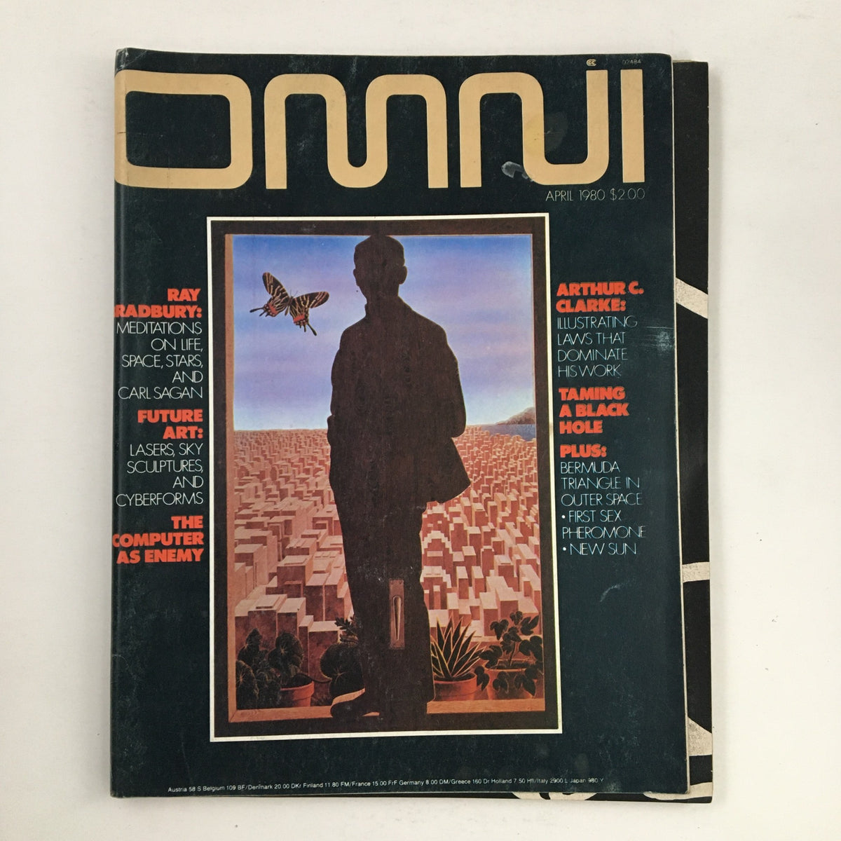 Cover of Omni Magazine, April 1980 edition featuring art inspired by Ray Bradbury's meditations on life, space, stars, and Carl Sagan, along with titles discussing lasers, sky sculptures, and computers.