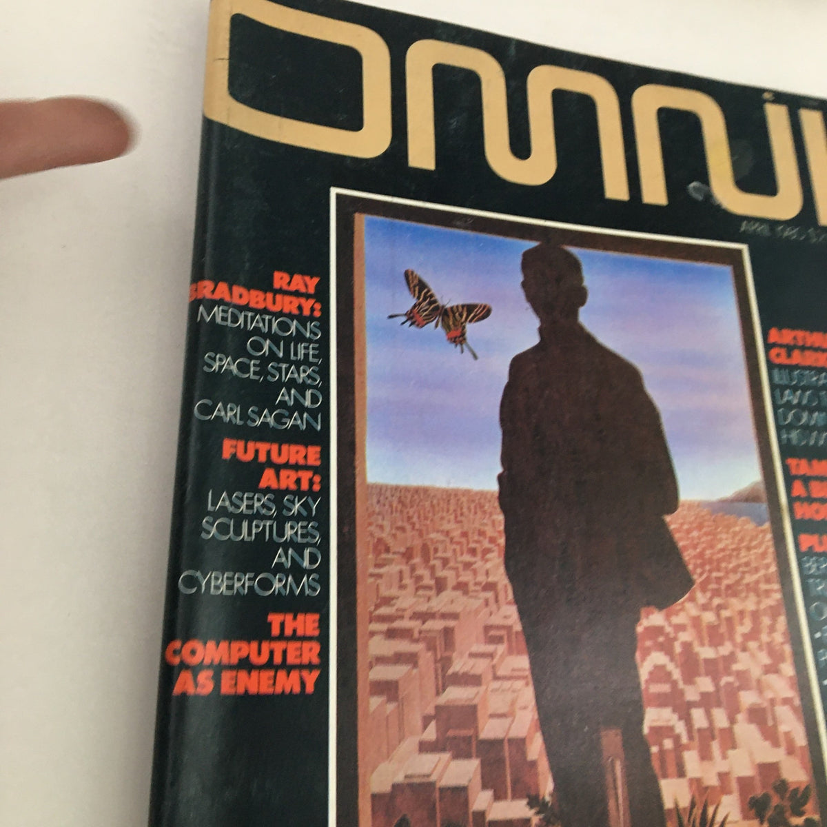 Close-up of the cover of Omni Magazine, April 1980 edition highlighting Ray Bradbury's meditations alongside the butterfly and artistic elements related to the future of technology and culture.