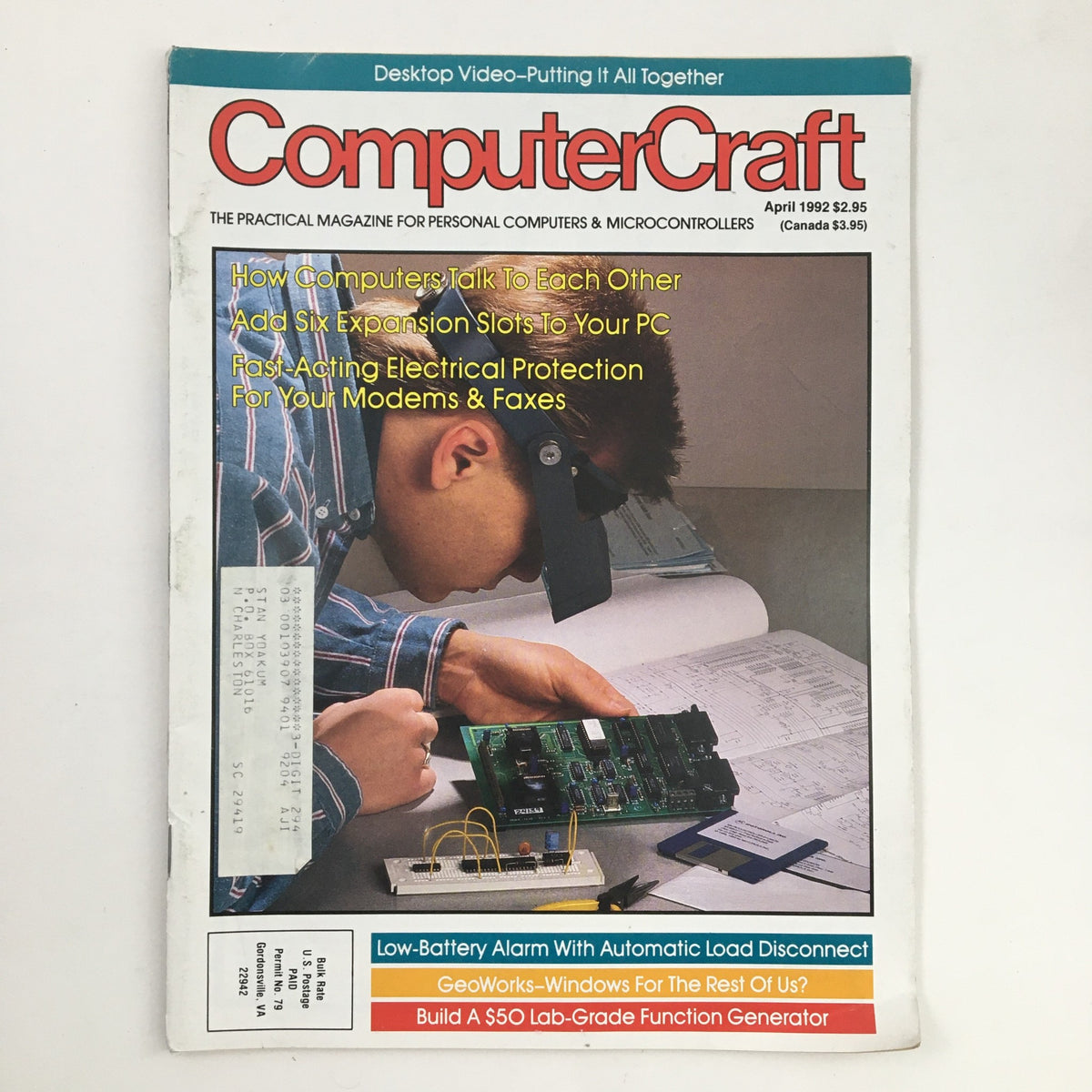 Cover of Computer Craft Magazine April 1992 featuring the article on Low-Battery Alarm with Automatic Load Disconnect, showcasing a person working with a circuit board and discussing computer technology.