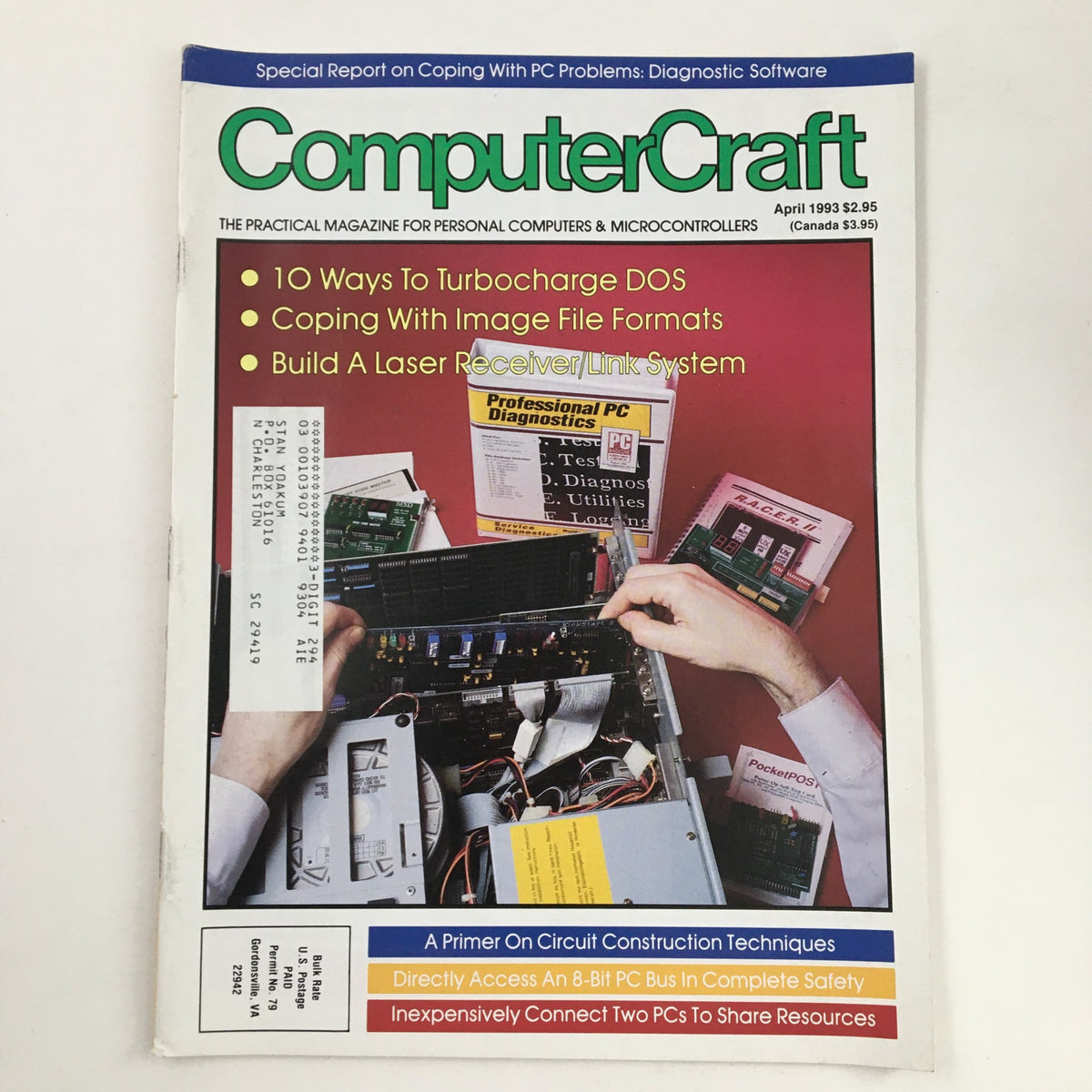 Cover of Computer Craft Magazine from April 1993 featuring a primer on construction techniques, showcasing articles on turbocharging DOS, coping with image file formats, and building a laser receiver link system.
