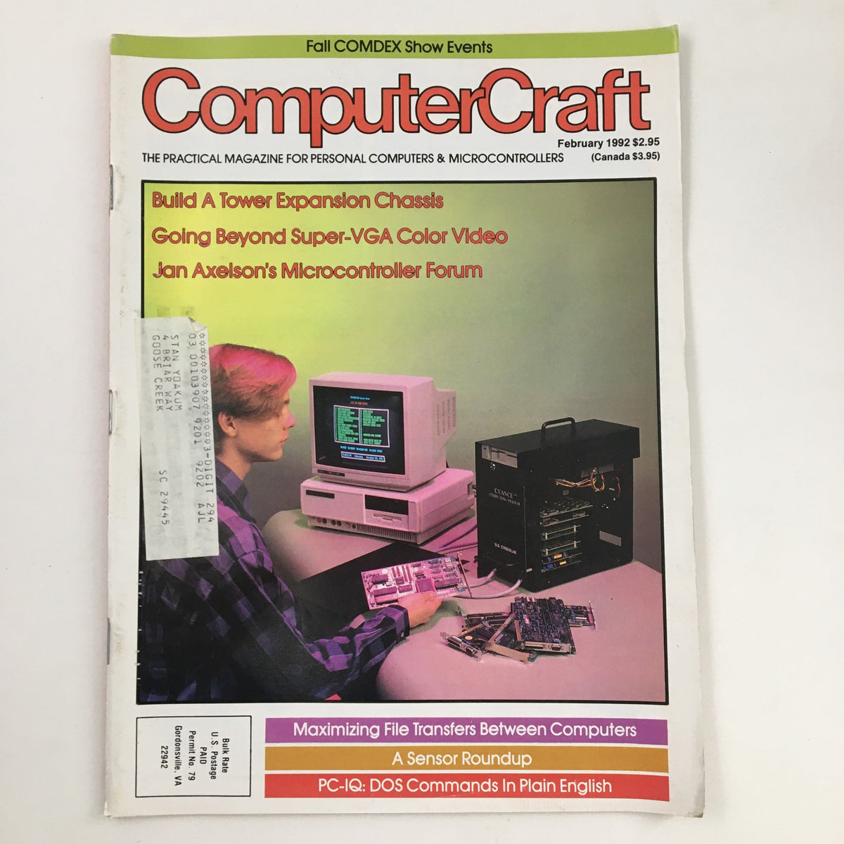 Cover of Computer Craft Magazine February 1992 highlighting 'Maximizing File Transfers Between Computers' with a retro computer setup and a person working on computer components.