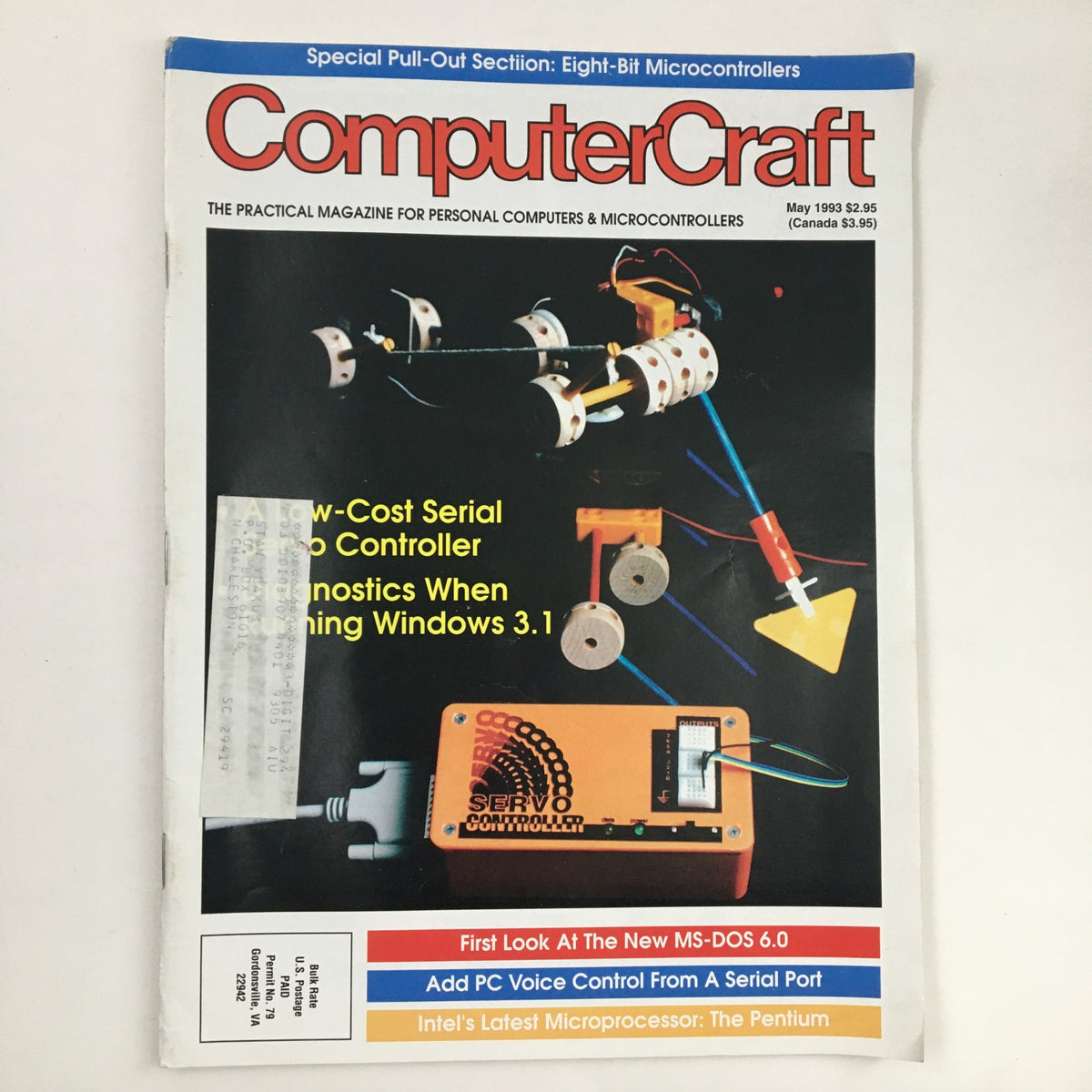 Cover of Computer Craft Magazine May 1993 featuring Intel's Latest Microprocessor, The Pentium. The magazine highlights technological advancements with illustrations of robotics and diagnostics tools, including a yellow servo controller. Key topics include MS-DOS 6.0 and PC voice control.