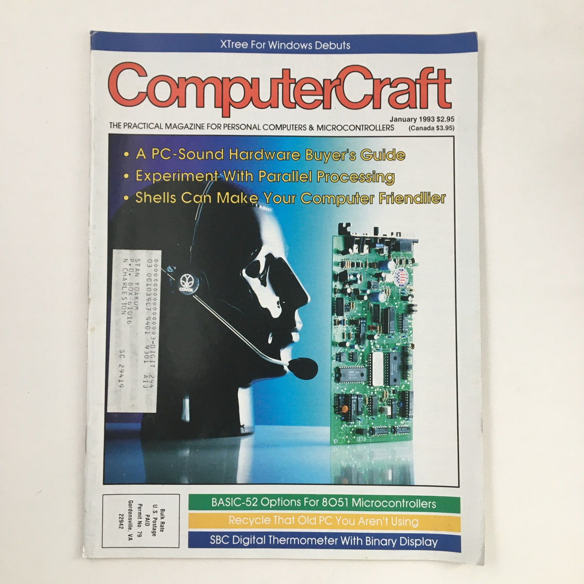 Cover of Computer Craft Magazine from January 1993 focusing on BASIC-52 Options for 8051 Microcontrollers, featuring a computer headset silhouette next to a circuit board. The magazine includes topics on PC sound hardware, parallel processing, and enhancing computer usability.