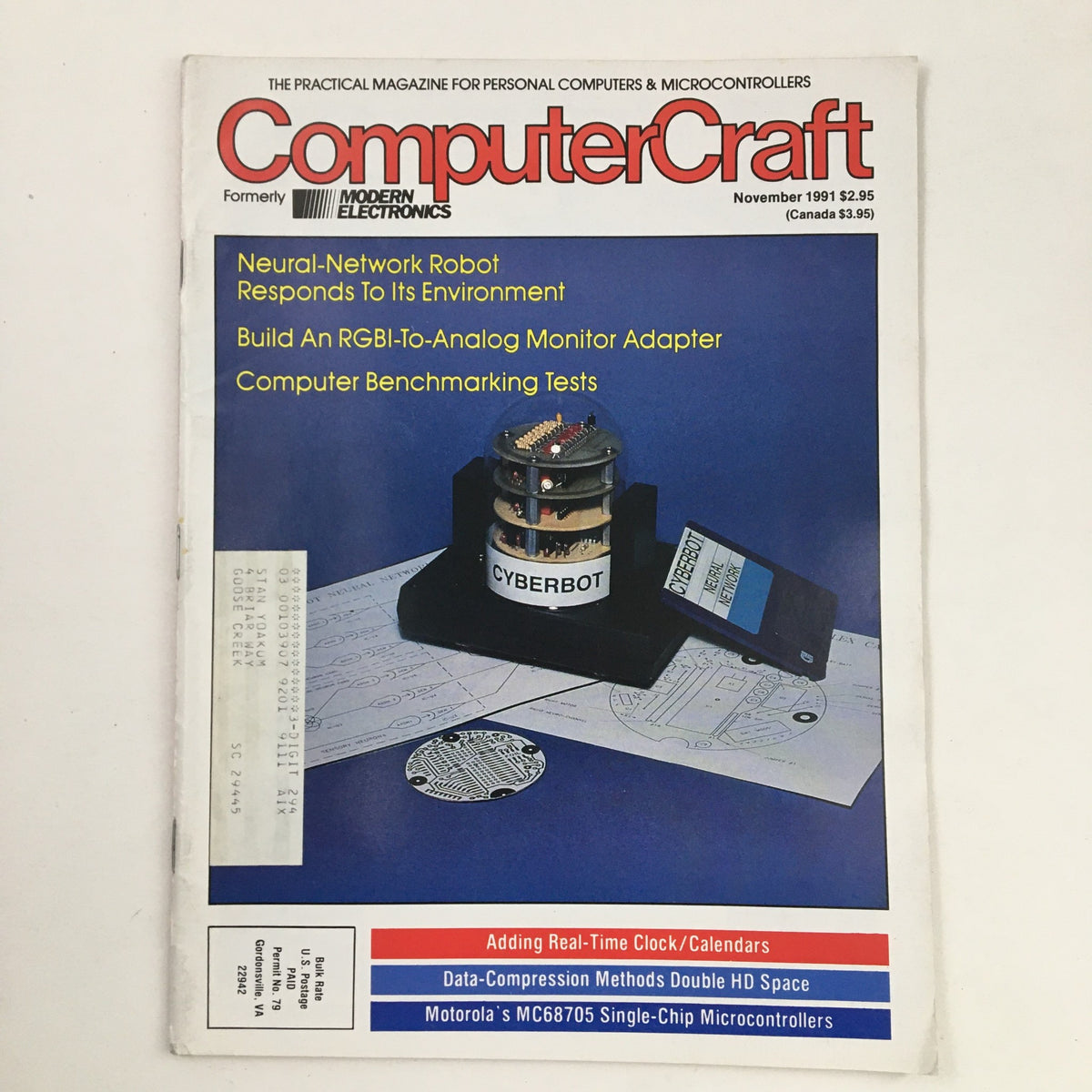 Cover of Computer Craft Magazine November 1991 featuring articles on data-compression methods to double hard drive space, neural-network robots, RGBI-to-analog monitor adapters, and computer benchmarking tests.