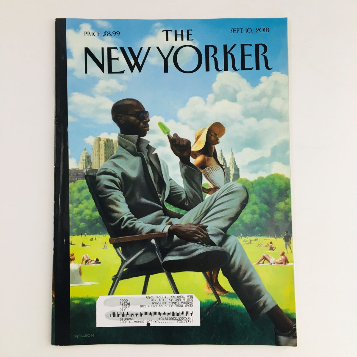 Cover of The New Yorker September 10, 2018 featuring a theme illustration by Kadir Nelson, showing a man in a suit enjoying a popsicle in a park setting.