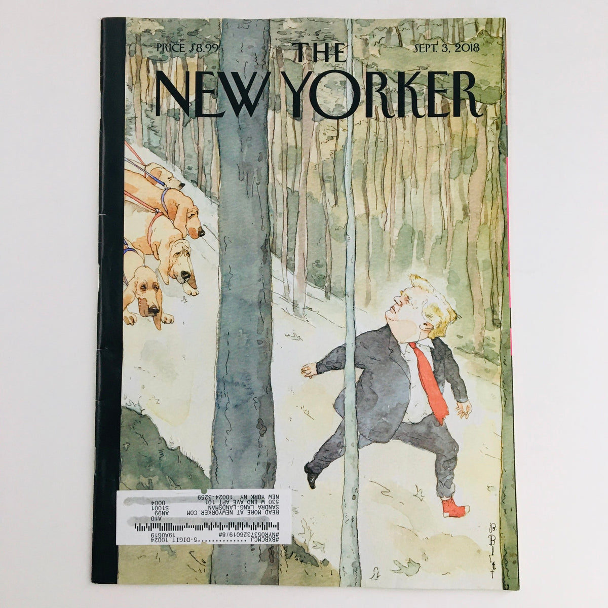 The New Yorker September 3 2018 Donald Trump Theme Cover by Barry Blitt, featuring a satirical illustration of Donald Trump running from a pack of dogs in a forest, showcasing Barry Blitt's renowned political commentary.