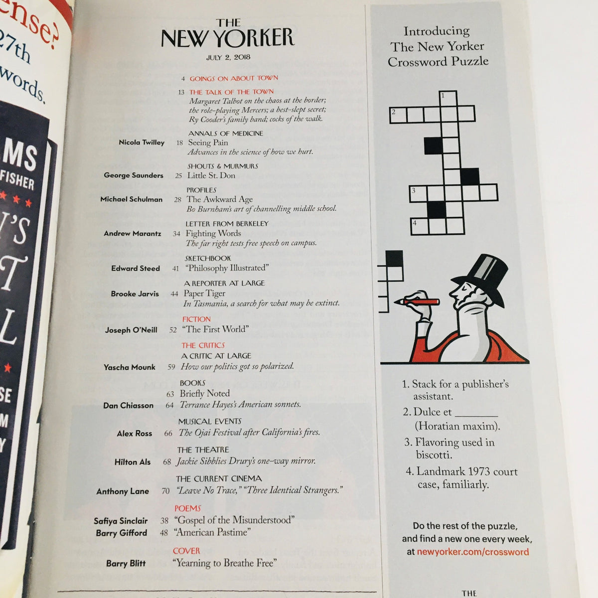 Cover layout of The New Yorker magazine dated July 2, 2018, featuring the table of contents, including articles and features by various authors, and a crossword puzzle introduction.