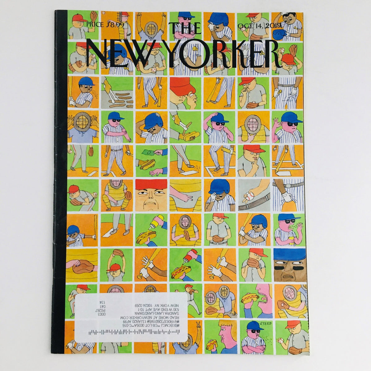 The New Yorker October 14, 2019 magazine cover designed by Edward Steed featuring colorful illustrations of various characters and activities. Ideal for collectors and art enthusiasts.
