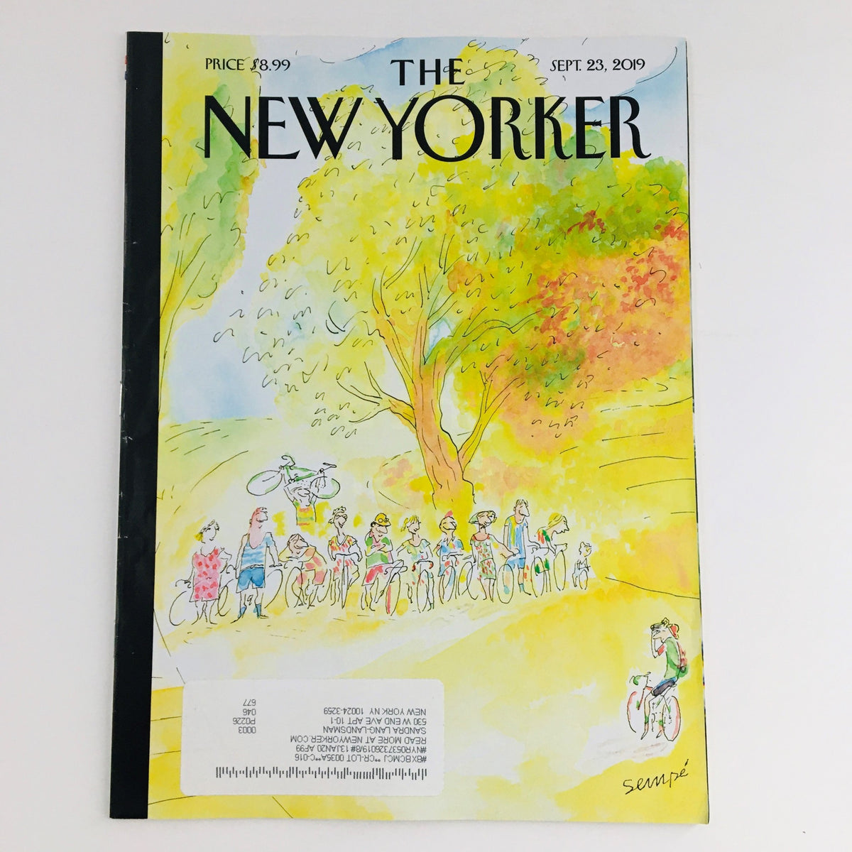 The New Yorker September 23, 2019 magazine cover illustrated by Jean-Jacques Sempé, featuring a whimsical outdoor scene with cyclists and trees in vibrant colors.