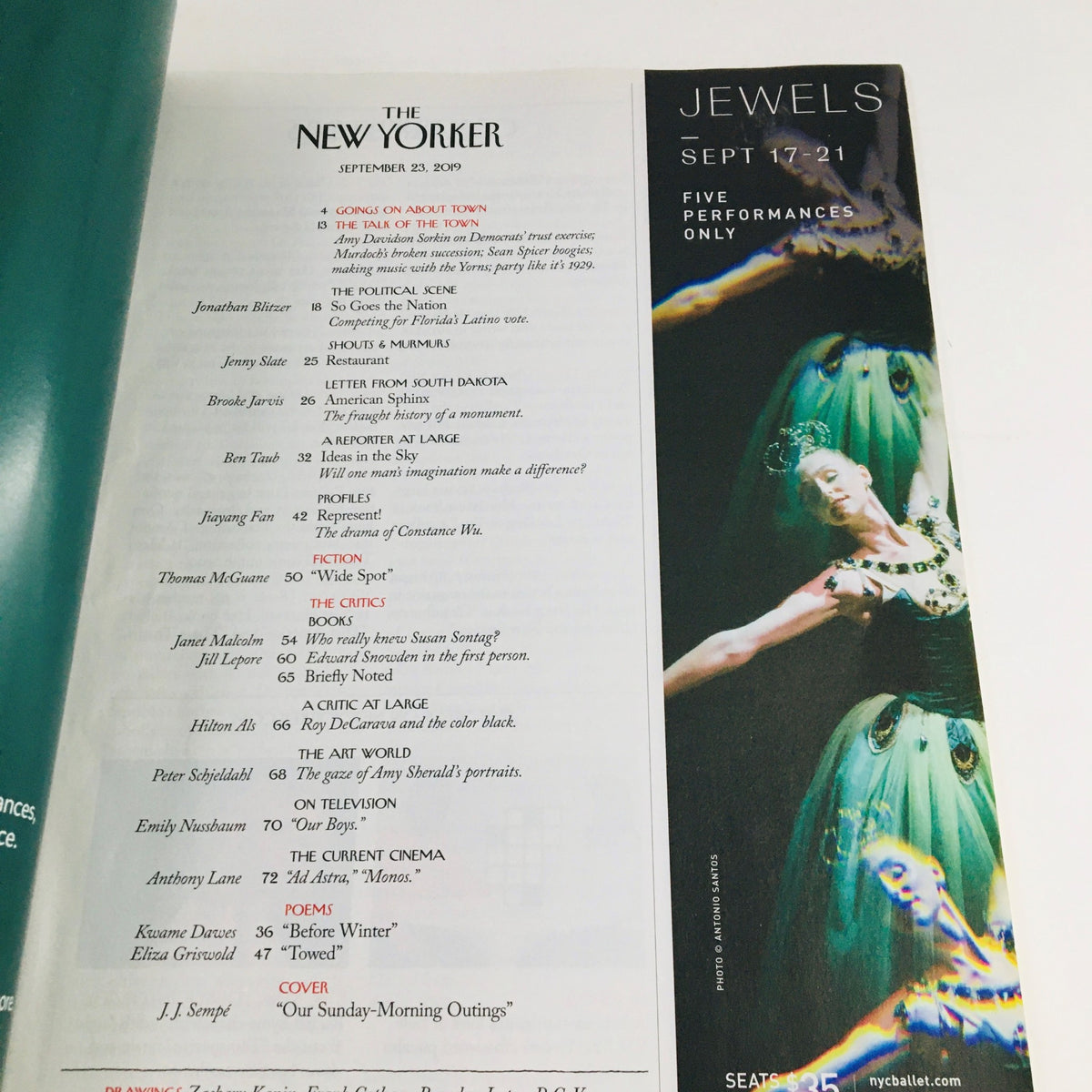 Inside page of The New Yorker September 23, 2019, showcasing the table of contents and an advertisement for 'Jewels' performances, illustrating the magazine's blend of culture and art.