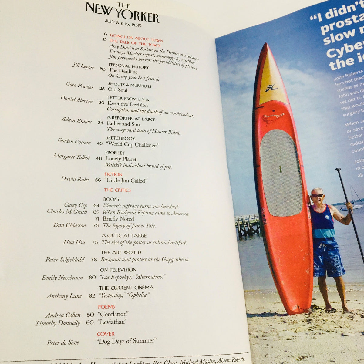 Interior page of The New Yorker July 8 2019 showcasing various articles and features, including a prominent image of a red kayak, highlighting cultural and literary topics.
