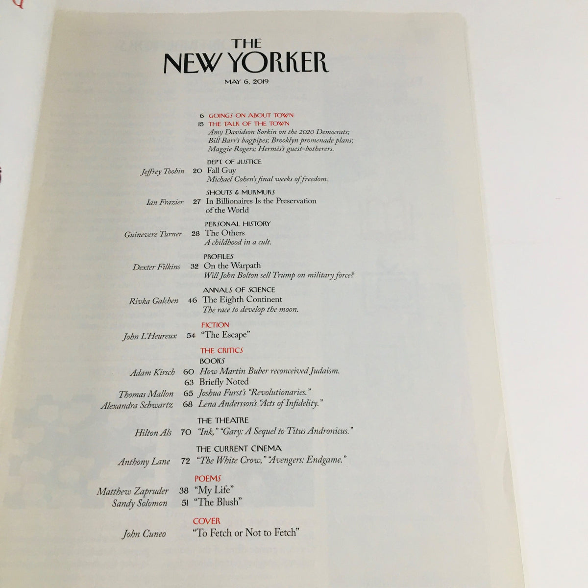 Table of Contents for The New Yorker May 6 2019, listing featured articles and sections, including the notable cover art by John Cuneo.