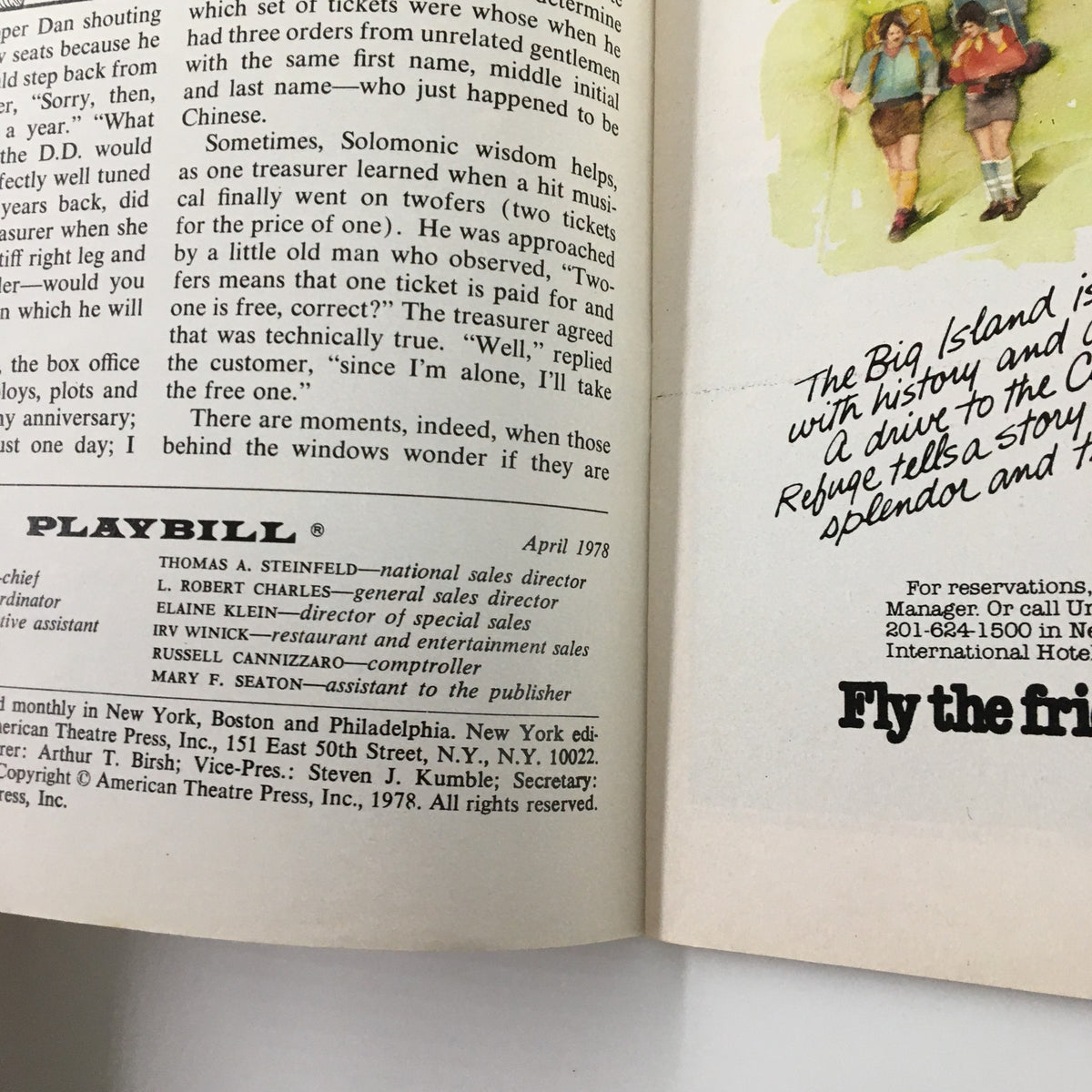 Inside view of the 1978 Playbill from St. James Theatre for 'On The Twentieth Century' by Harold Prince, showcasing theatrical advertisements and production details.