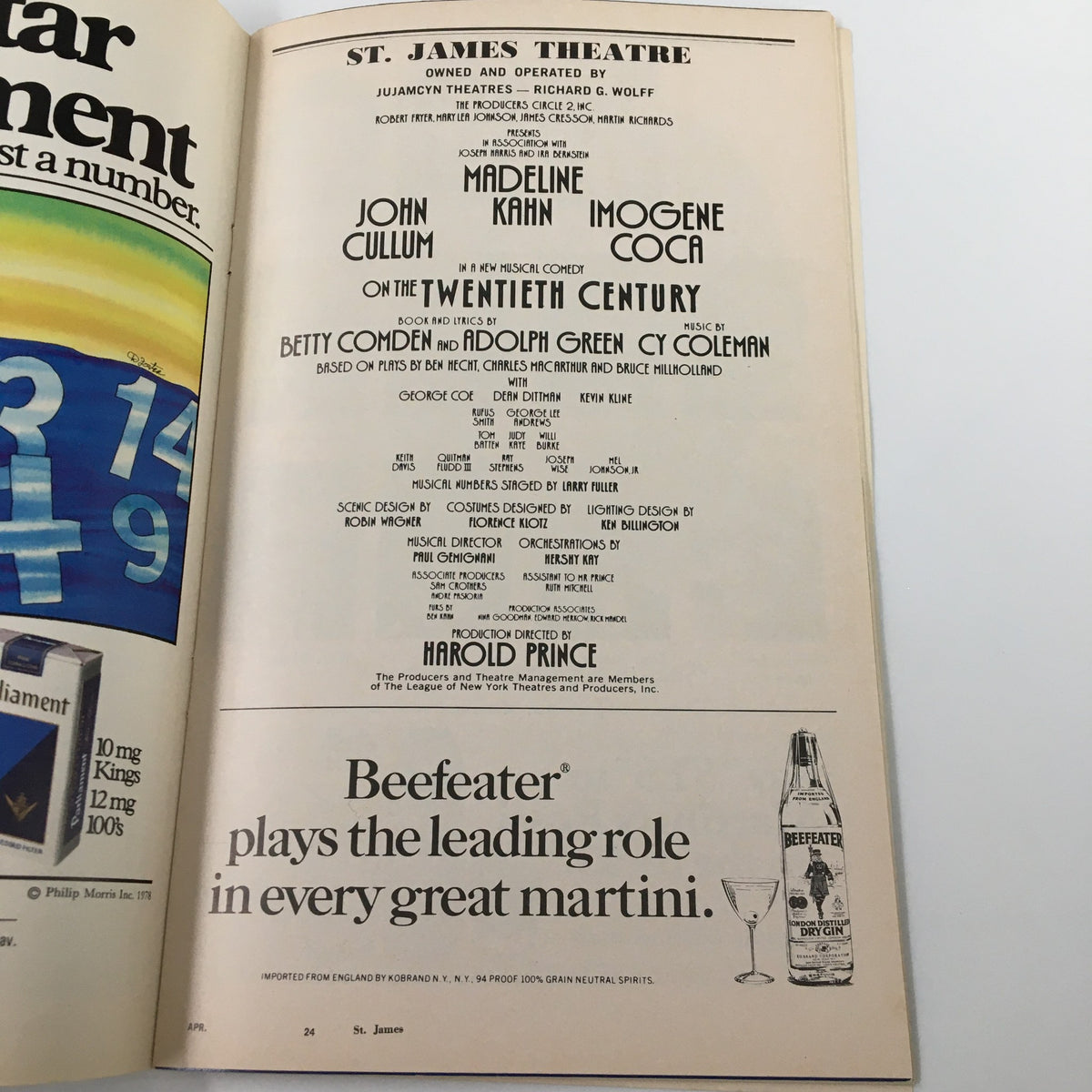 Advertisement page from the 1978 Playbill of St. James Theatre featuring 'On The Twentieth Century' by Harold Prince, with cast information and promotional content.