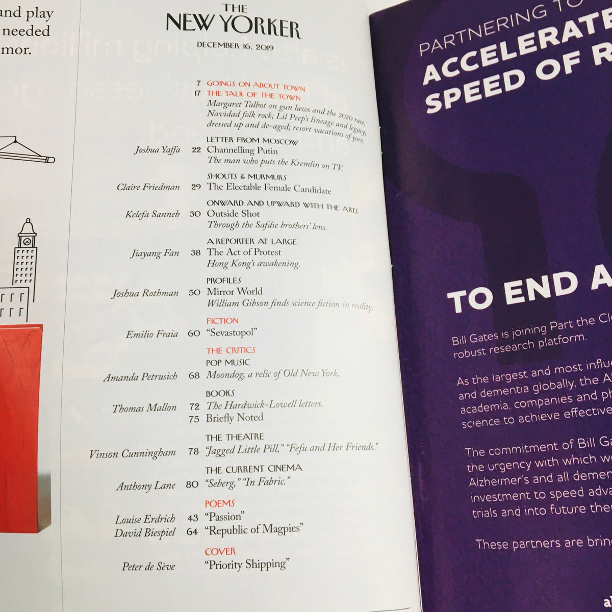 Interior page of The New Yorker December 16 2019, displaying the table of contents and editorial features including notable contributors, reflecting the magazine's commitment to contemporary literature and culture.