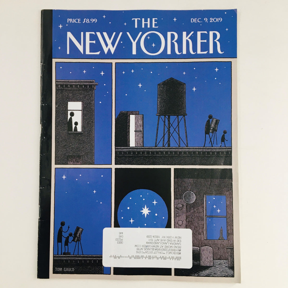 The New Yorker December 9 2019 Full Magazine Theme Cover by Tom Gauld, featuring a blue background and illustrations of people observing the night sky from windows, showcasing artistic expression.