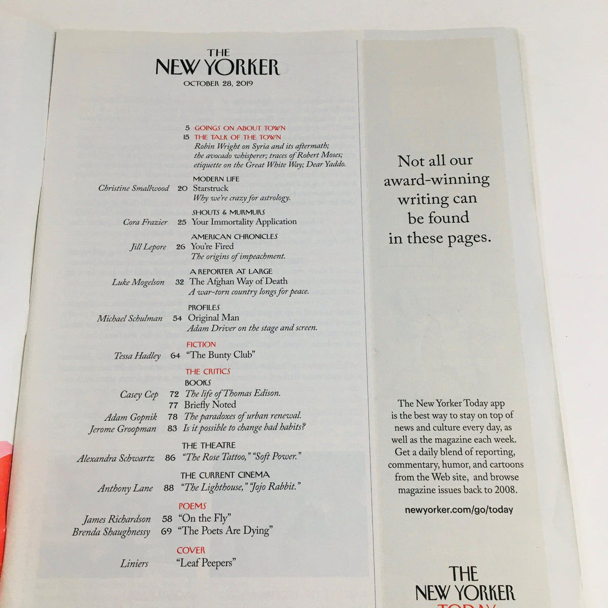 Interior page of The New Yorker, October 28, 2019 showing the table of contents with article titles and authors.