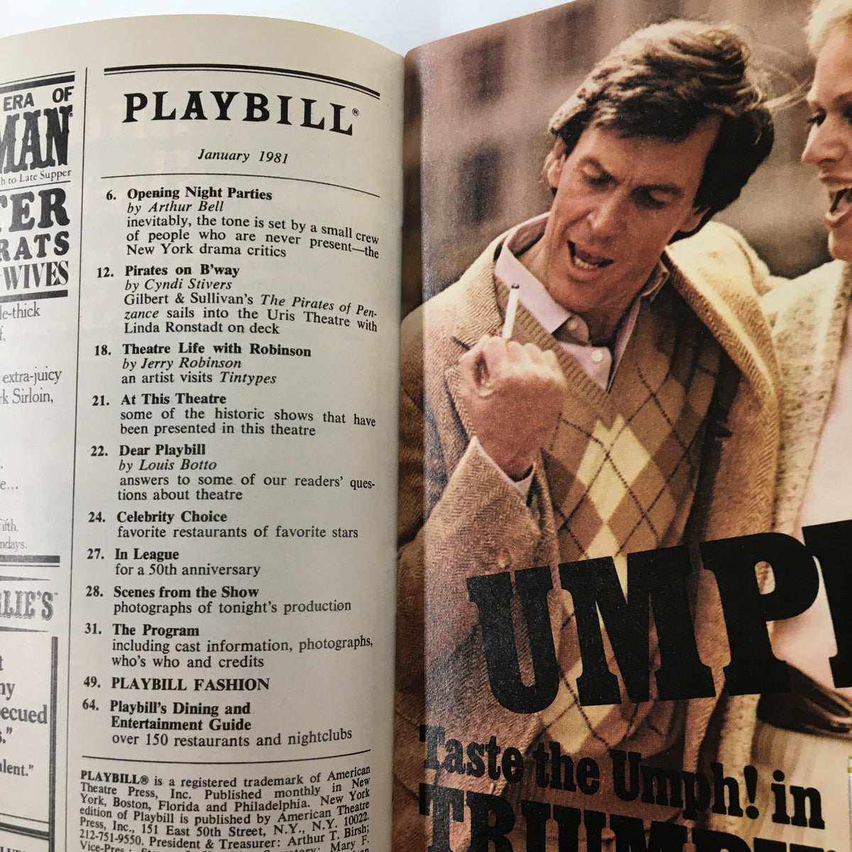Interior view of the January 1981 Playbill showcasing the opening articles and features, from the Ethel Barrymore Theatre's production of 'Lunch Hour' by Mike Nichols.