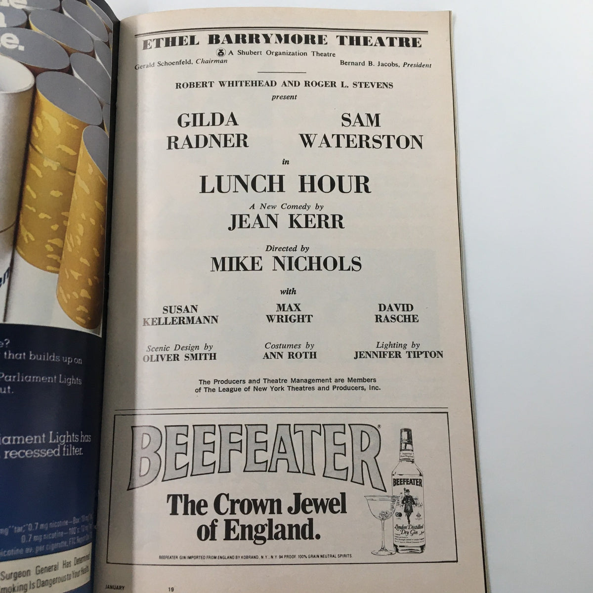 Title page of the Playbill from the Ethel Barrymore Theatre featuring cast names Gilda Radner and Sam Waterston for the comedy 'Lunch Hour' directed by Mike Nichols.