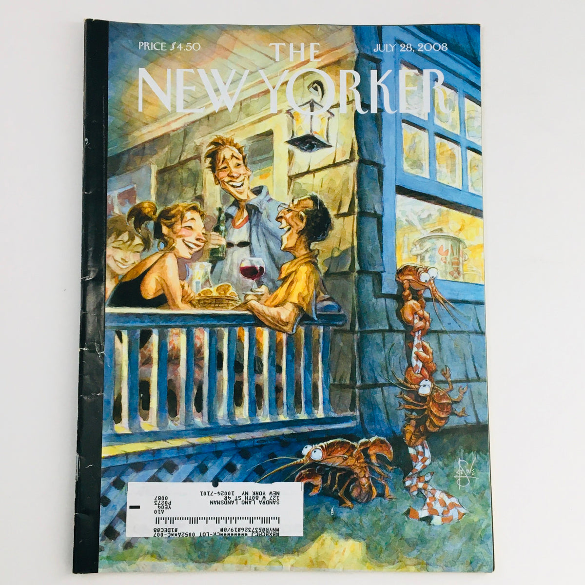 Cover of The New Yorker July 28 2008 featuring a whimsical illustration by Peter de Sève, showcasing characters enjoying a summer evening with drinks and playful critters, embodying the lively theme of the vintage magazine.