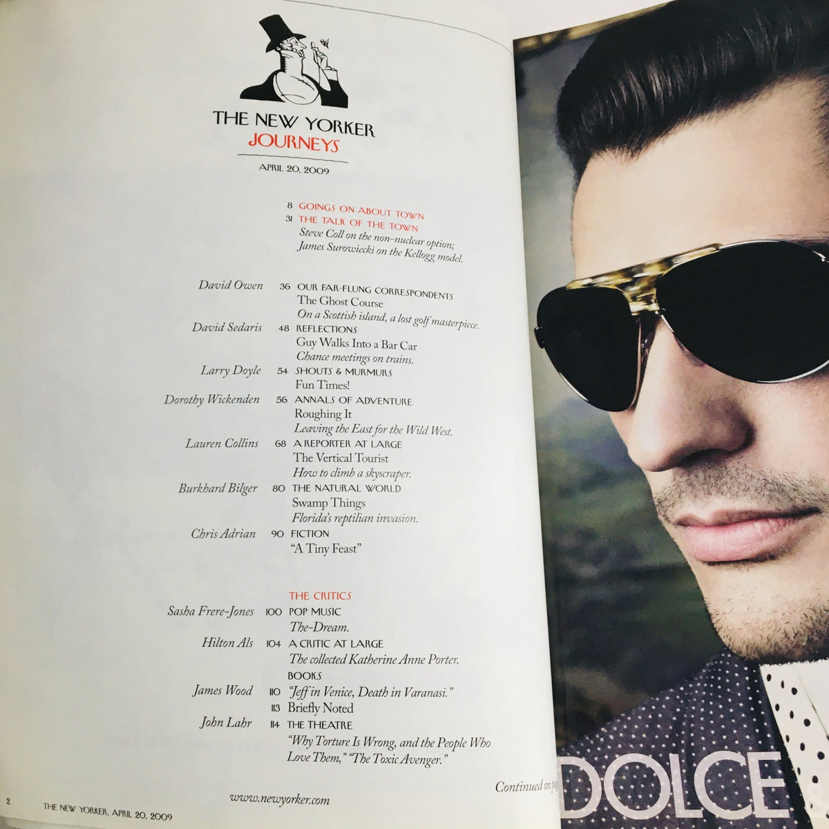 Interior page of The New Yorker April 20 2009 showcasing articles including 'Journeys' and 'The Critics' with stylish sunglasses imagery.