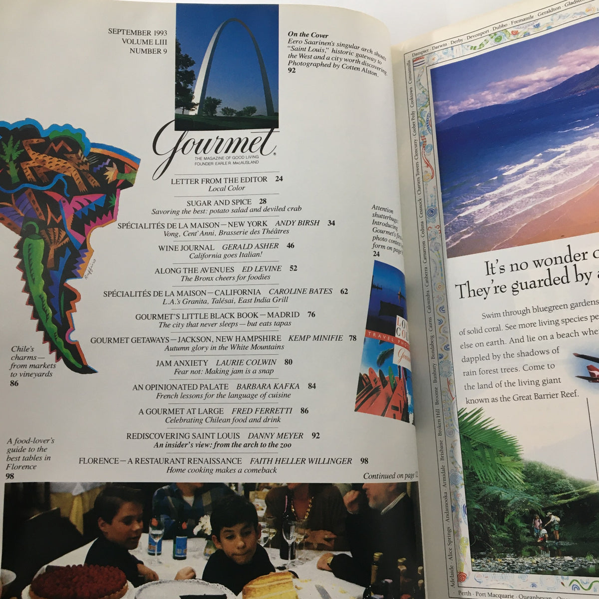 September 1993 Gourmet Magazine featuring contents and cover art, emphasizing travel getaways in Jackson, New Hampshire, alongside culinary articles. Highlighted with colorful graphics and a scenic photograph capturing a travel theme.