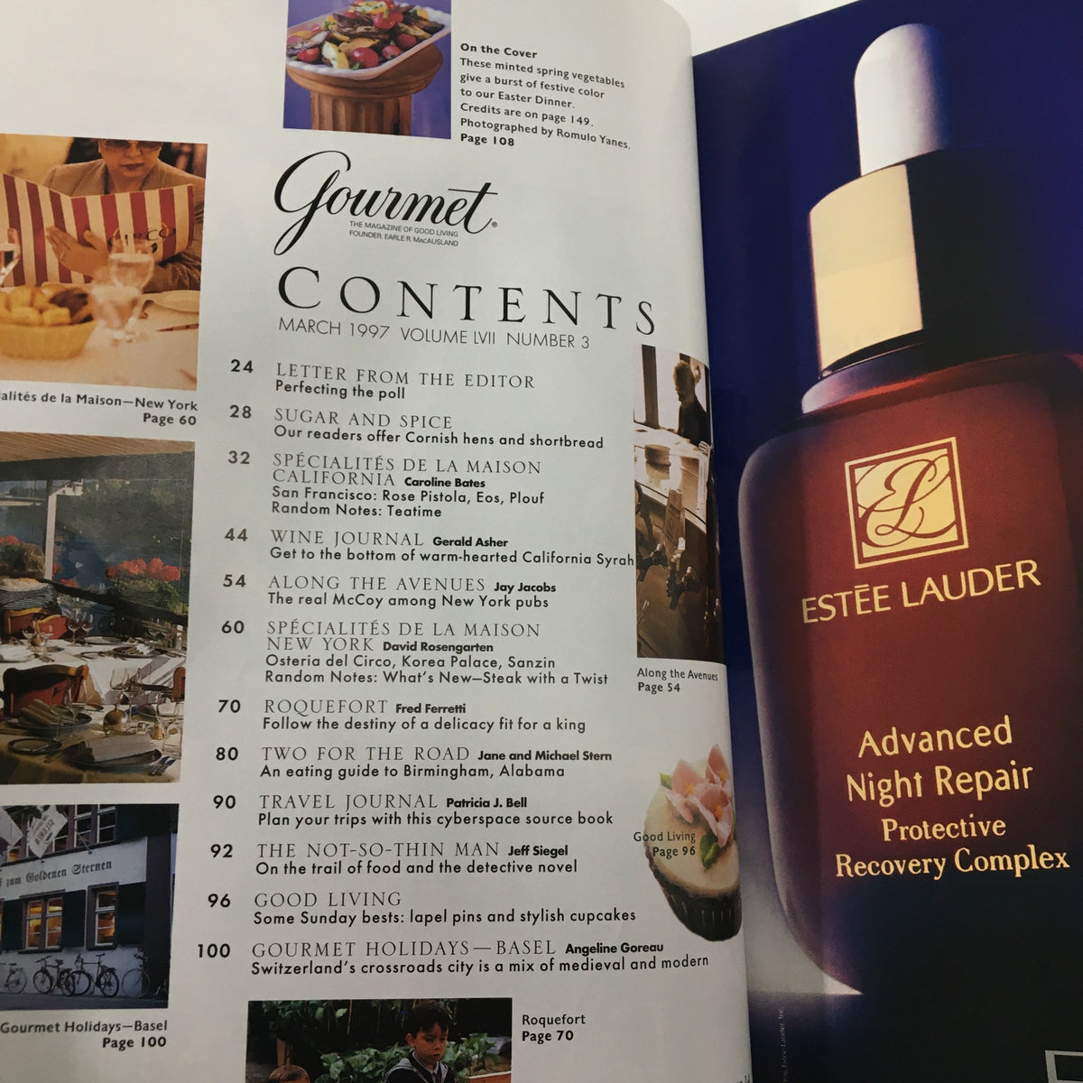 Interior page of Gourmet Magazine March 1997 showing the contents section, including features on culinary topics, seasonal recipes, and photography, promoting the magazine's focus on gourmet living.
