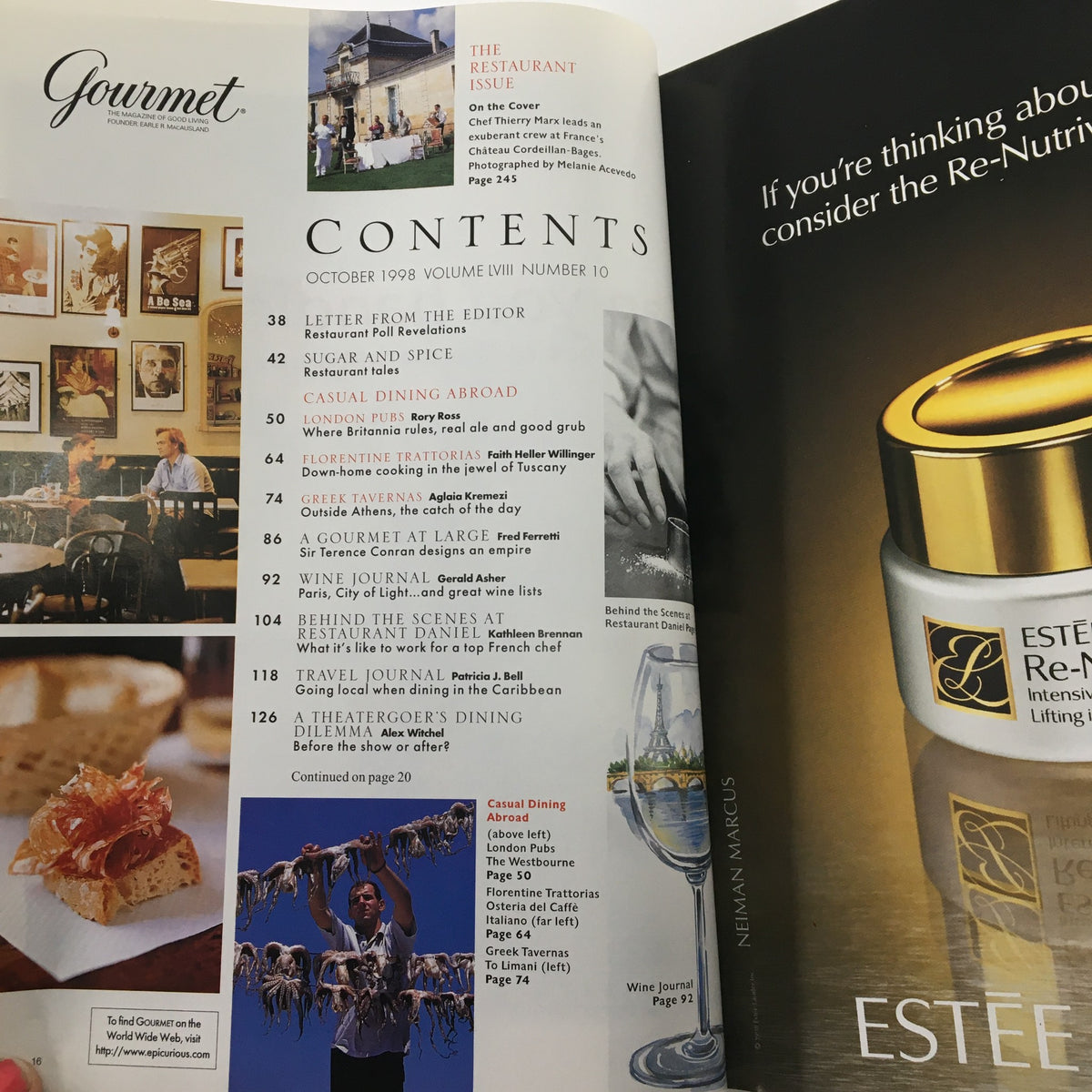 Interior page of Gourmet Magazine October 1998 displaying the contents section, highlighting articles on dining abroad and contributions from Chef Thierry Marx.