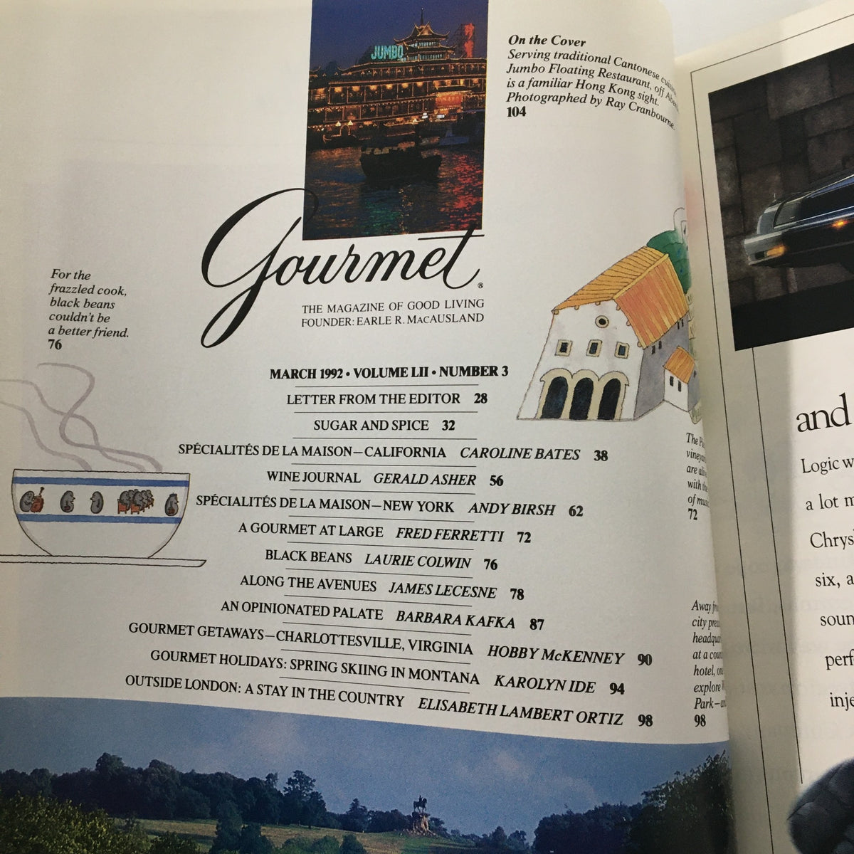 Table of contents from Gourmet Magazine March 1992, showcasing articles and features, with an image of the Jumbo Floating Restaurant on the cover.