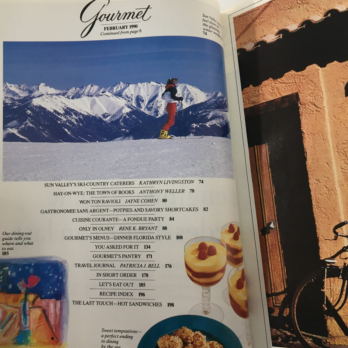 Interior page of Gourmet Magazine February 1990 displaying a table of contents with various articles on food and travel, indicating the magazine's diverse culinary themes.
