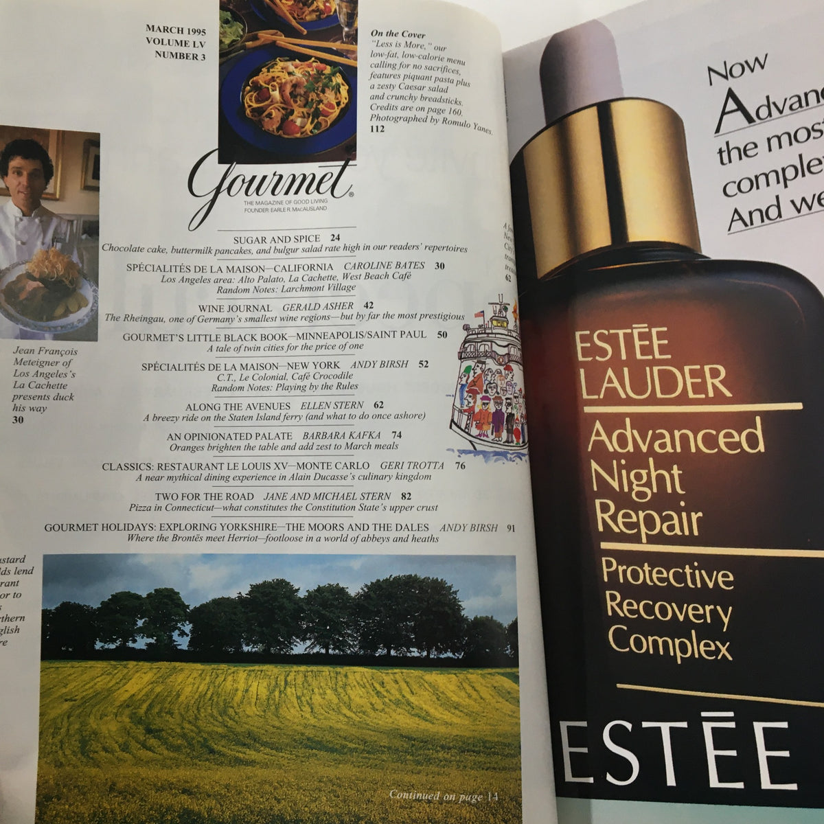 Gourmet Magazine March 1995 interior page featuring a table of contents and culinary highlights, including the exploration of Yorkshire's Moors and Dales.