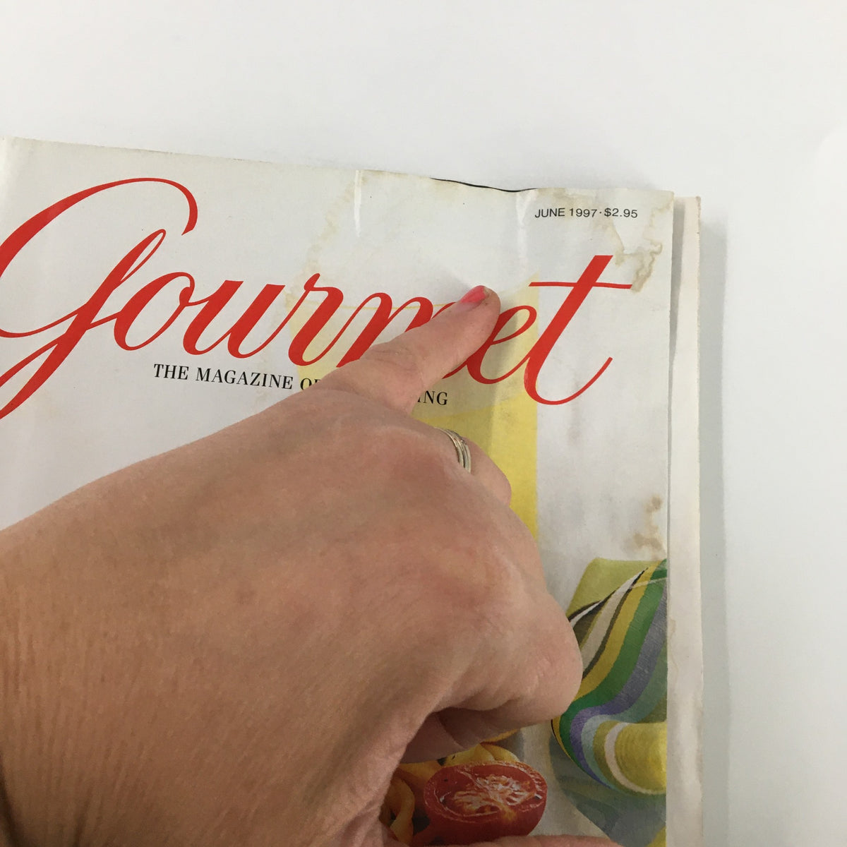Close-up of the cover of Gourmet Magazine June 1997, emphasizing details such as the issue date and price, alongside the Spaghetti and Tomato Salad with Yogurt.