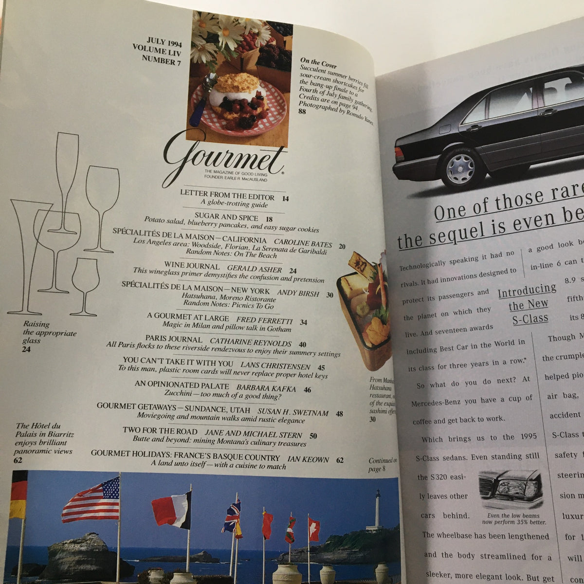 Interior page of Gourmet Magazine July 1994 displaying the table of contents along with an image of Sour Cream Shortcake and a sleek black car.