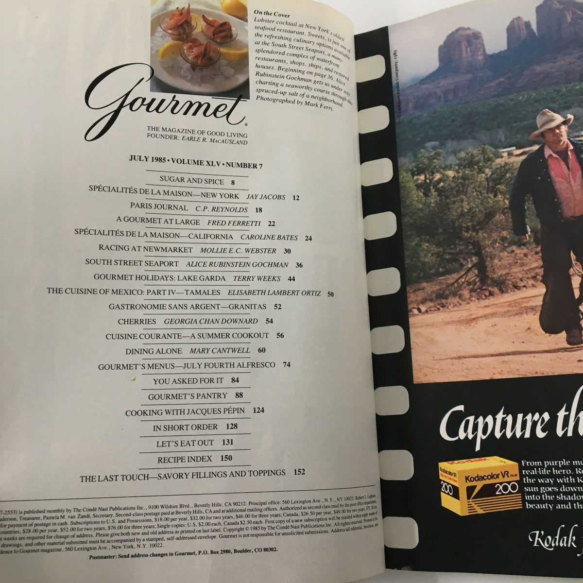 Interior page of VTG Gourmet Magazine July 1985, displaying the contents with an overview of articles, including 'Lobster Cocktail' and culinary features from the era.